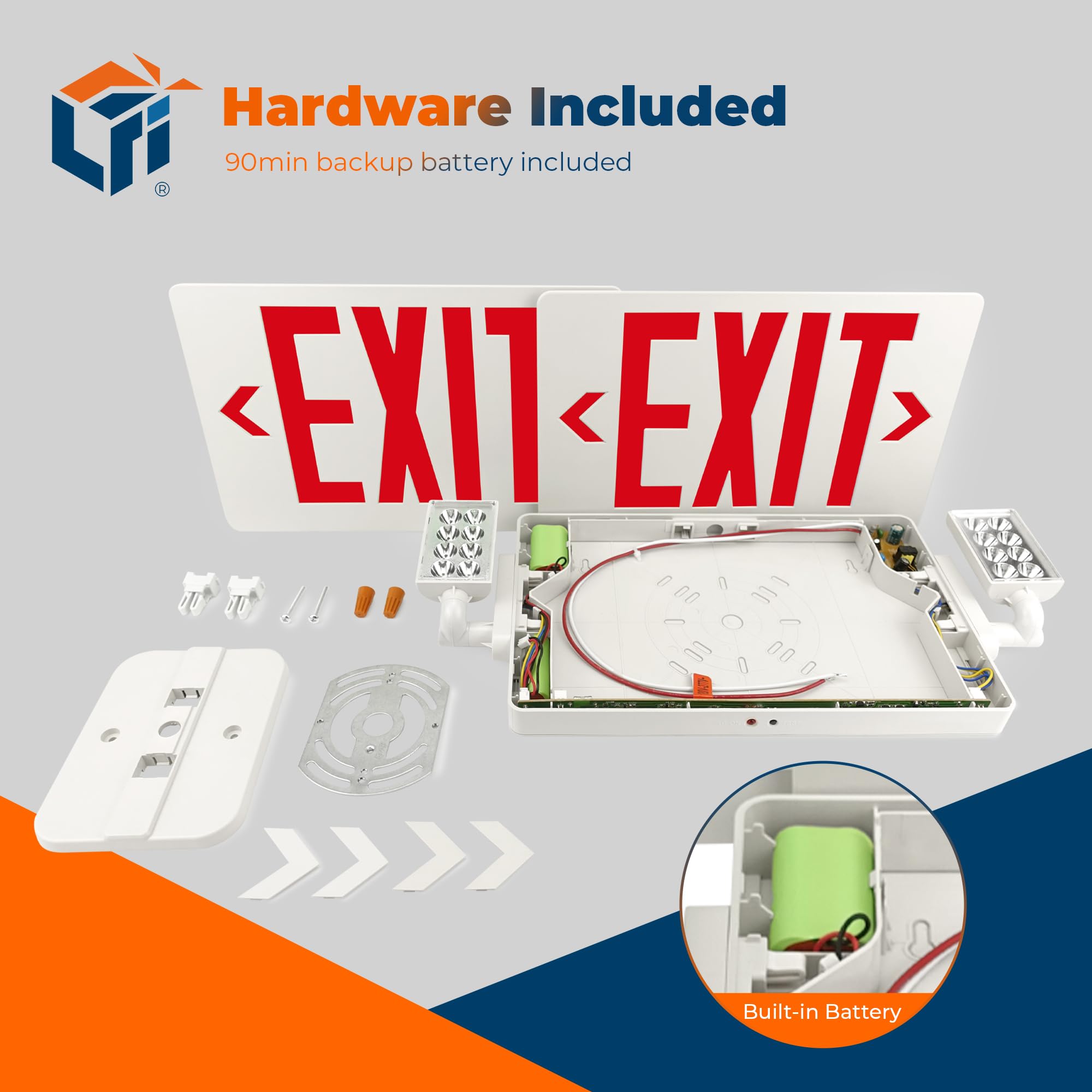 Lfi Lights | Thin Combo Red Exit Sign With Emergency Lights | White Housing | All Led | Two Adjustable Heads | Hardwired With Battery Backup | Ul Listed | (1 Pack) | Combot-R