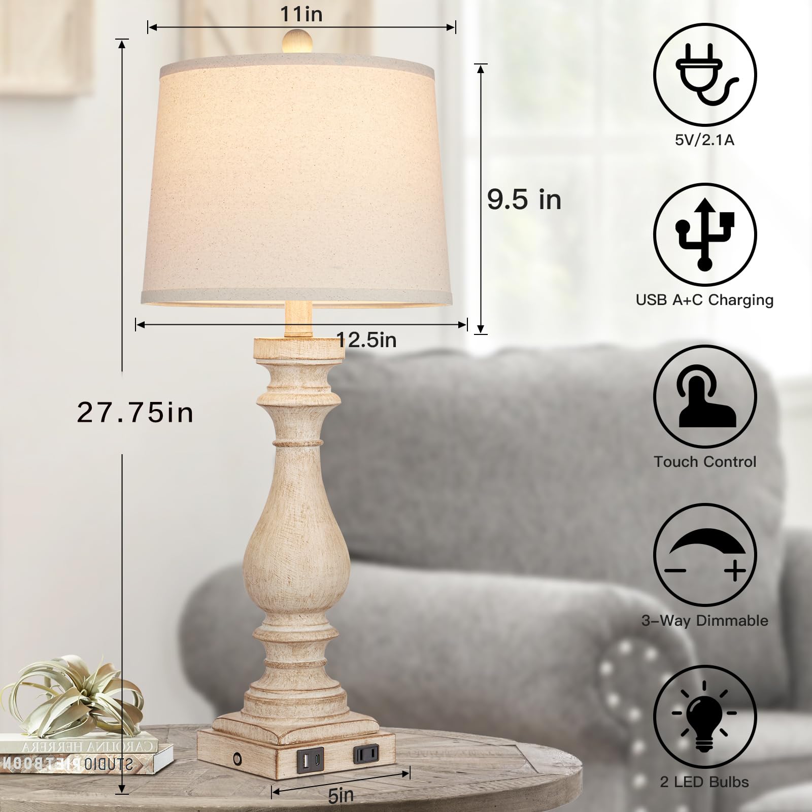 Cinkeda 29" Vintage Table Lamp Set of 2 with USB Ports & AC Outlet, 3-Way Dimmable Touch Control, White Washed Finish, Beige
