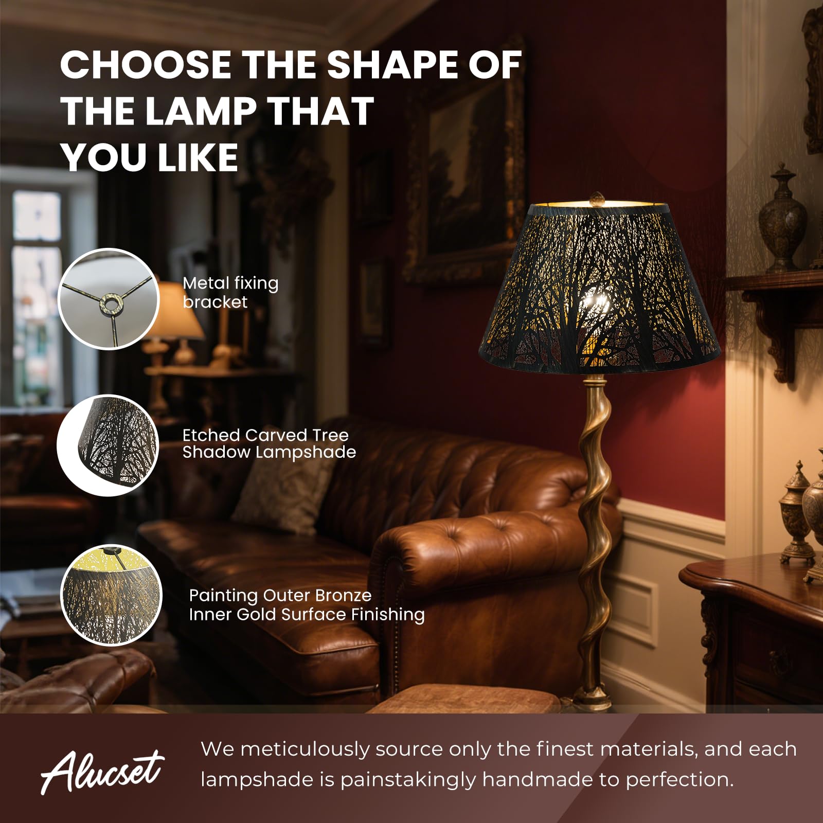 Metal Lamp Shade  Alucset Barrel Lampshade With Pattern Of Trees Lampshades For Table Lamp  Metal Lamp Shades 7 Top X 13 Bottom X 7.8 High Spider Fitter  Bronze Gold