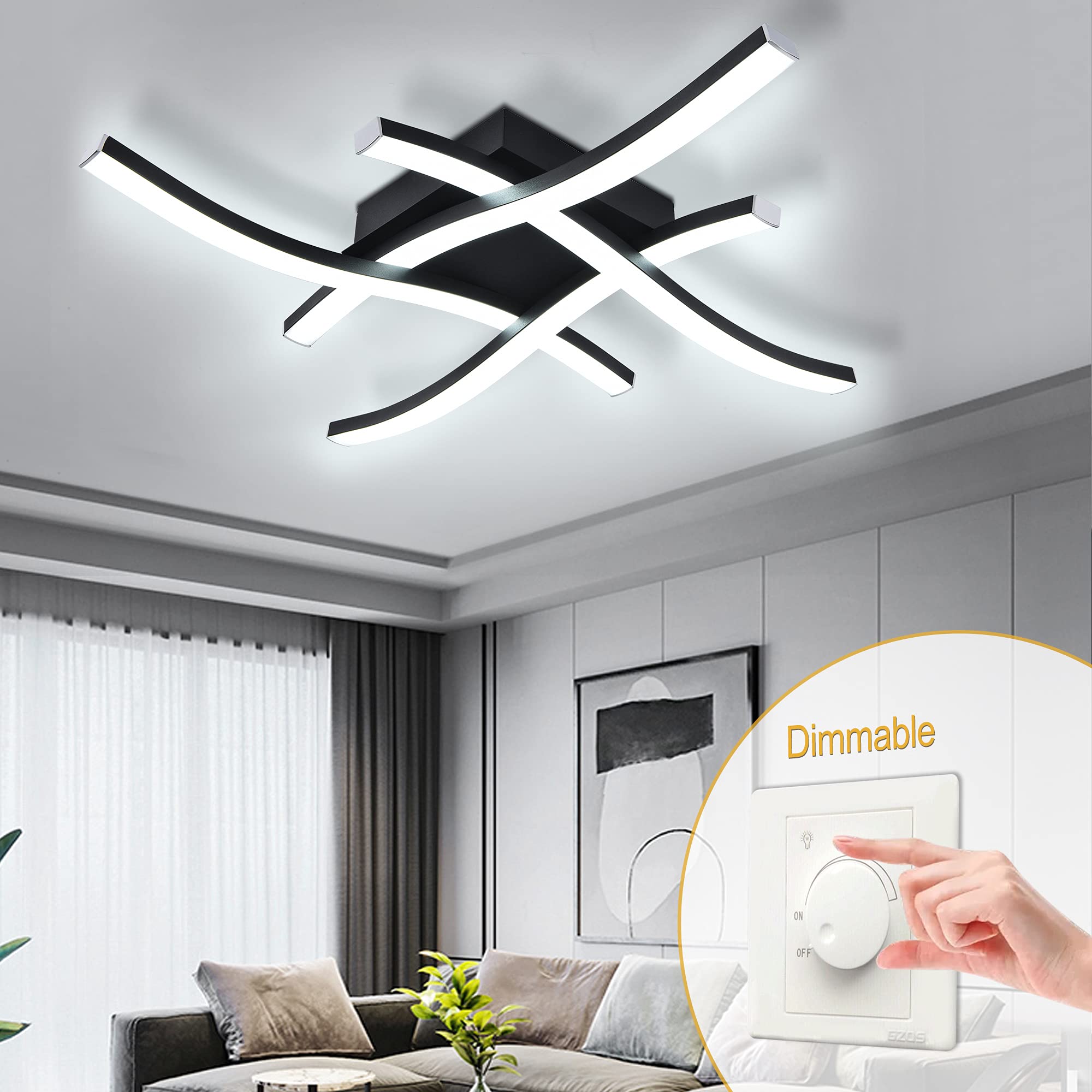 EDISLIVE Modern Dimmable LED Ceiling Light 4-Light Flush Mount 18in 6000K Black