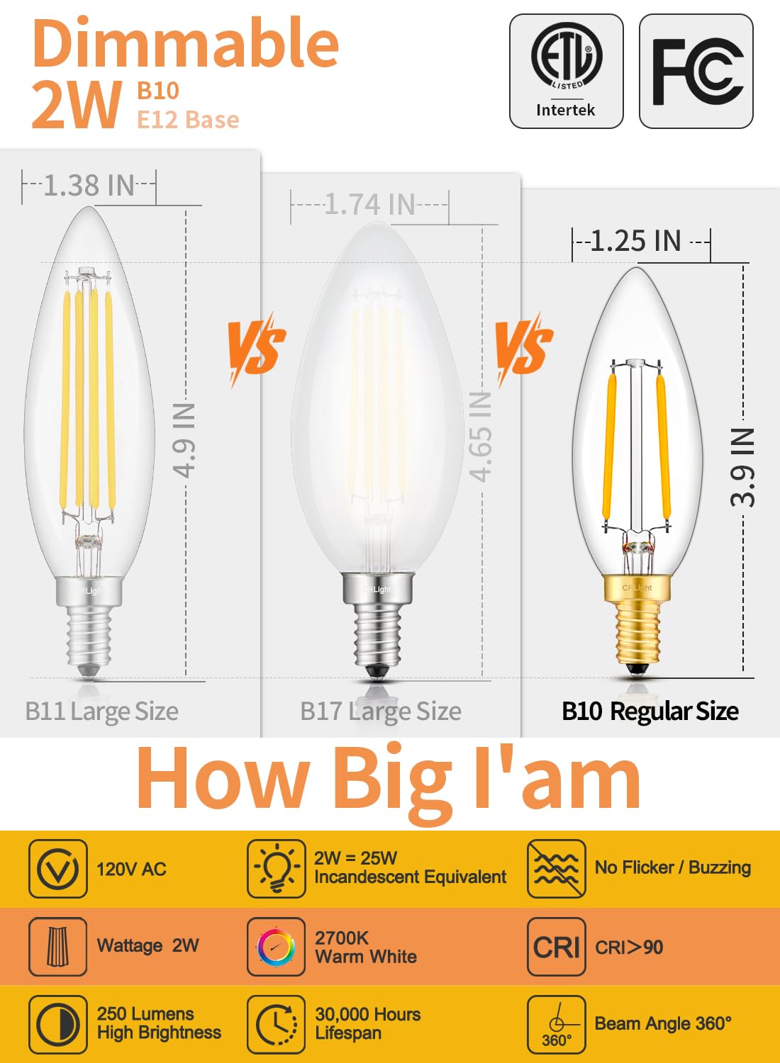 CRLight LED Candelabra Bulb 2W 250LM Warm White 2700K E12 Dimmable Glass B10 6 Pack
