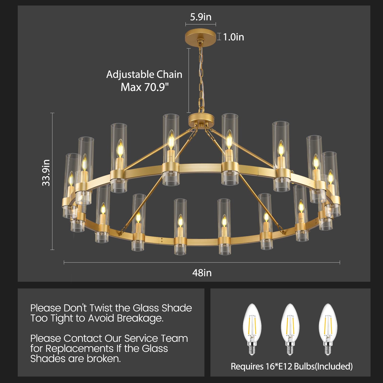 Gold Wagon Wheel Chandelier, 48 Inch Chandeliers With Glass Shade, 16 Light Chandelier For High Ceiling, Modern Farmhouse Chande