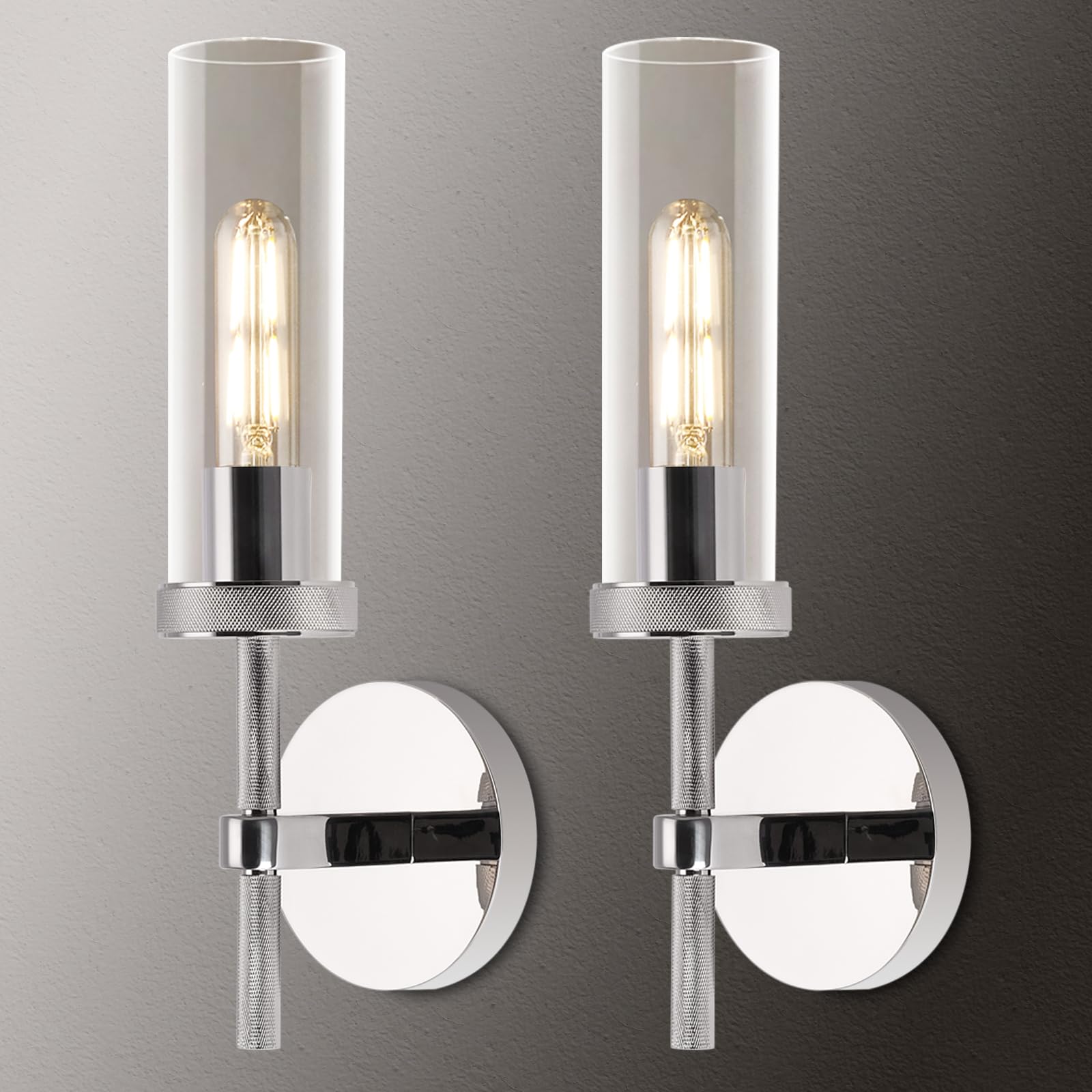 Chrome Knurled Wall Sconces Set Of Two, 14'' Sconces Wall Lighting Indoors, Bathroom Vanity Light Wall Sconces, Wall Lights For