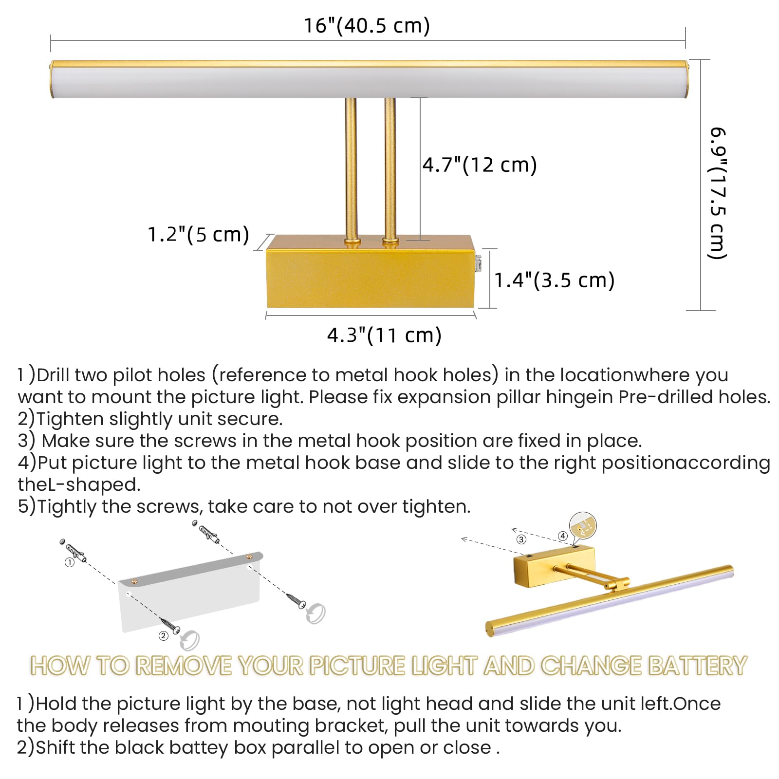 Howmzon Picture Light, 16'' Art Light, Picture Light 3Aa Battery Operated,Picture Lights For Wall,Wireless Picture Light With Re