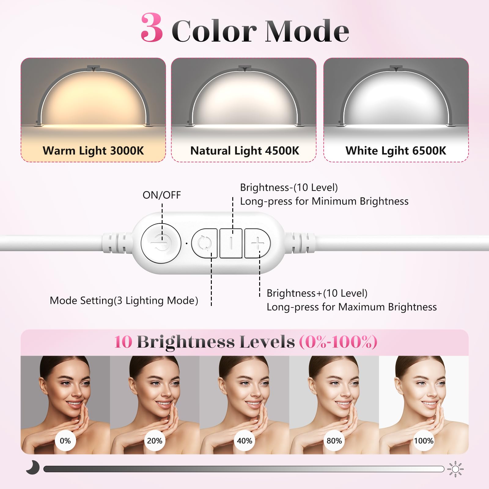 Yokilly Half Moon Nail Desk Lamp with Phone Holder, 23in, Aluminum, 3 Color Modes, 10 Brightness Levels, Small, White