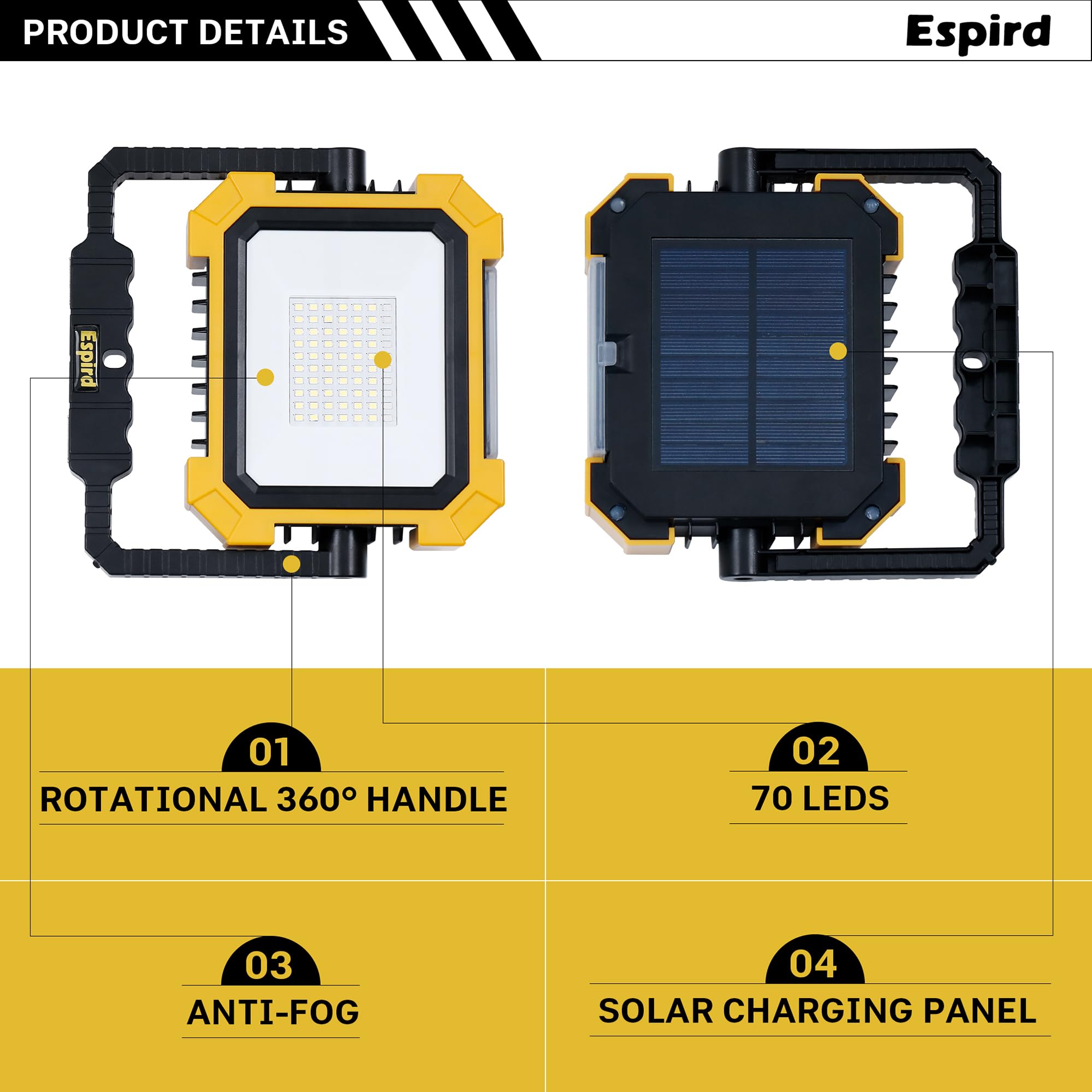 Espird Portable LED Work Light - 12000mAh, 10000LM, Magnetic, 4 Modes, Black, Model L-29, Rechargeable for Camping & Emergency