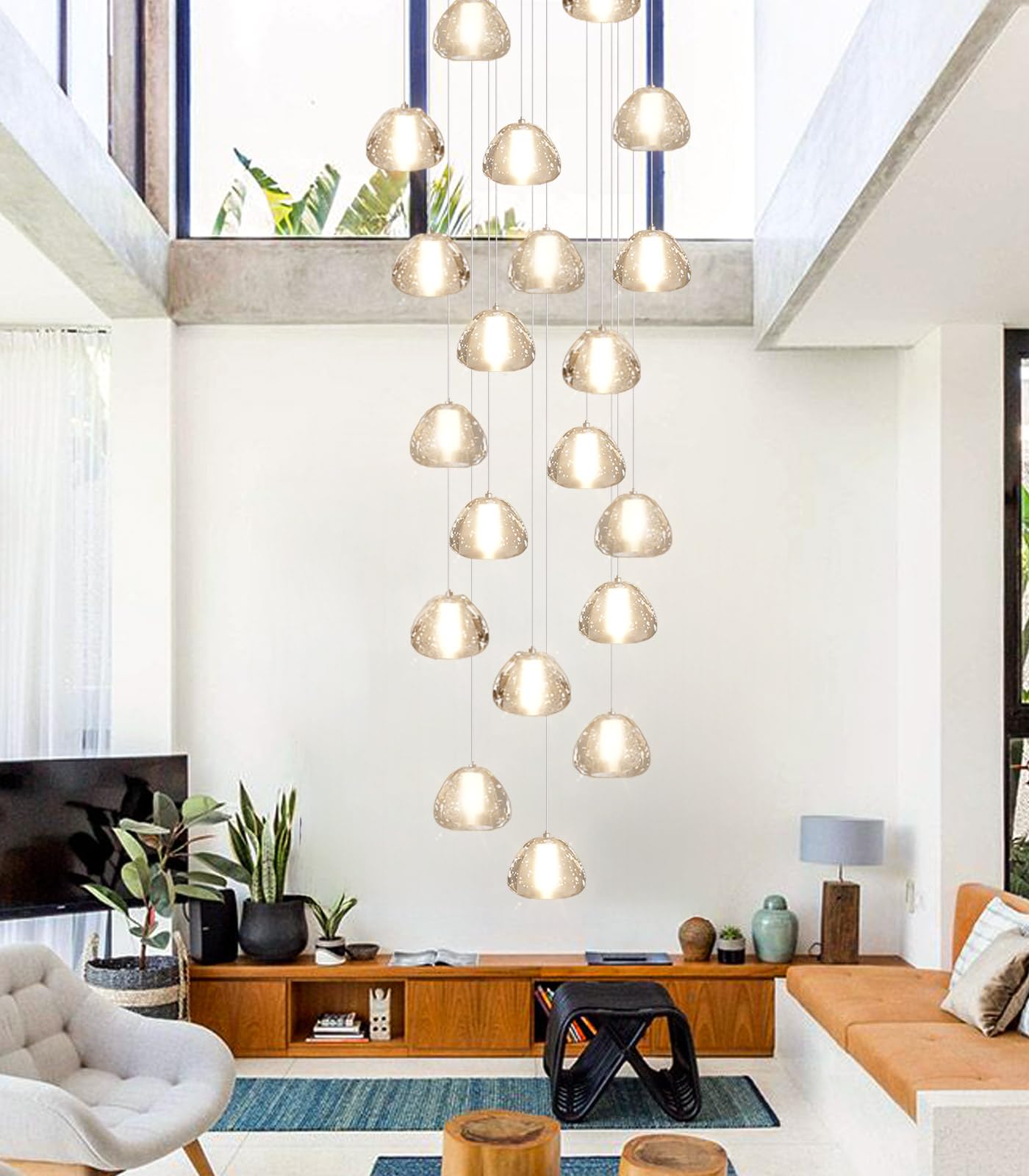 dolria Gold Crystal Chandelier - 157" Adjustable Ceiling Light, 20-Lights Round, LED for Living Room, Hallway, Entryway - Model PC0010-20G