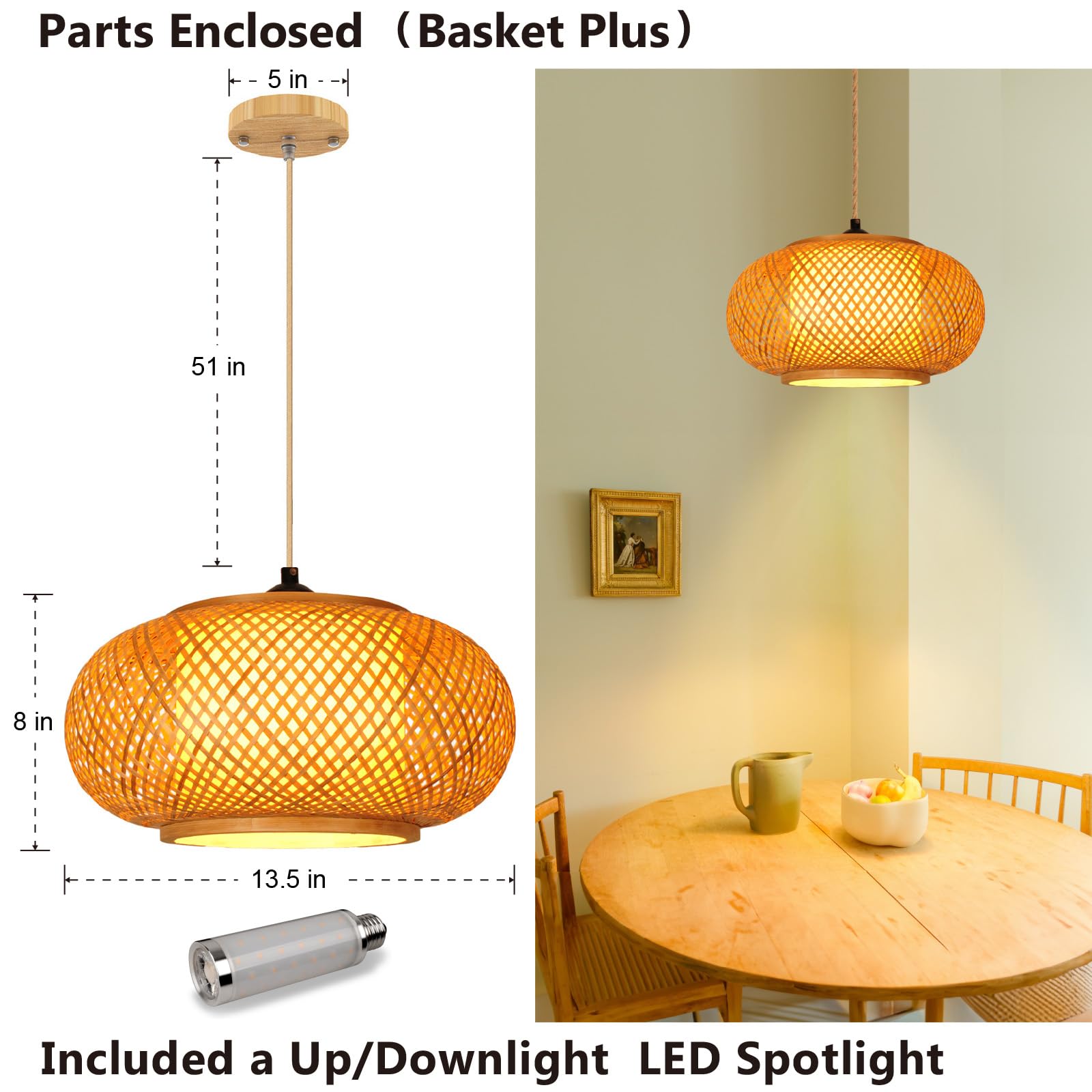 Yiizon Pendant Light Fixture With Hand Woven Bamboo Lamp Shade Hanging Light Fixtures Boho Wicker Rattan Ceiling Lights For Dinning Living Kitchen Island Room Bedroom