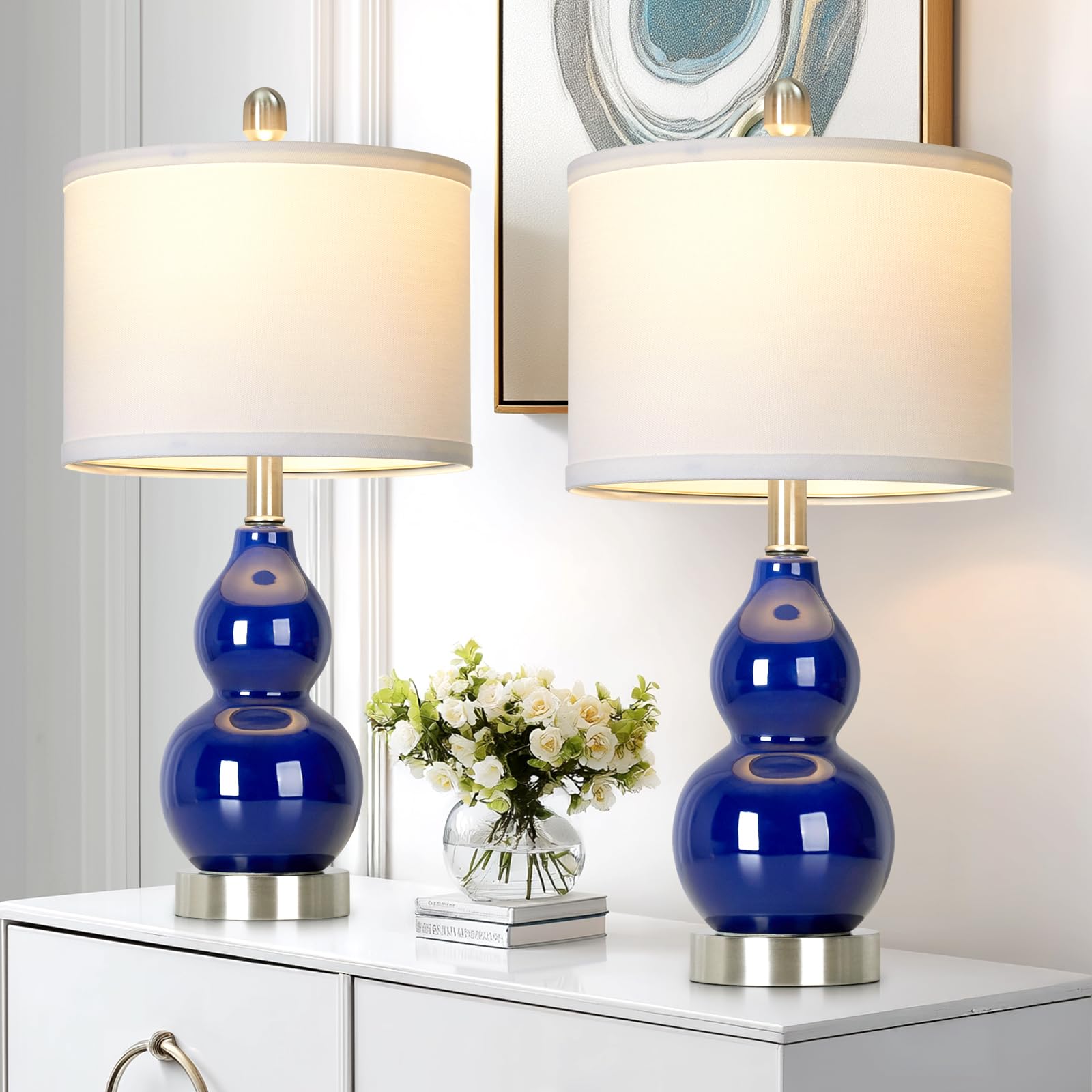 22 Double Gourd Ceramic Table Lamps Set of 2  Navy Blue Modern Bedside Lamps for Living Room  Contemporary Nightstand Desk Lamps for Bedroom End Table Home Office Decor(2 LED Bulbs Included)