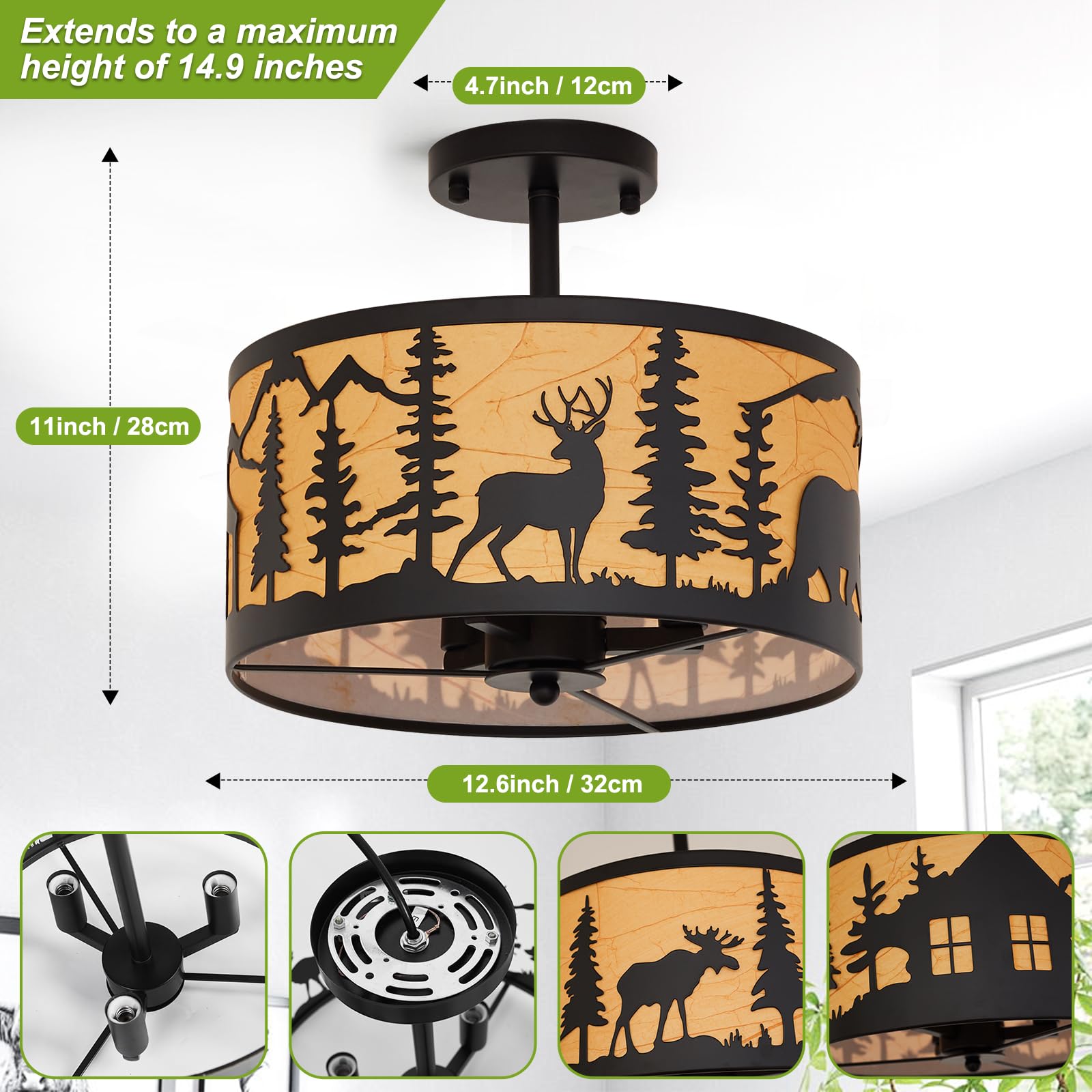 Monaxon Rustic 3-Light Semi-Flush Mount Ceiling Light, E12 Base, Farmhouse Design With Deer, Bear