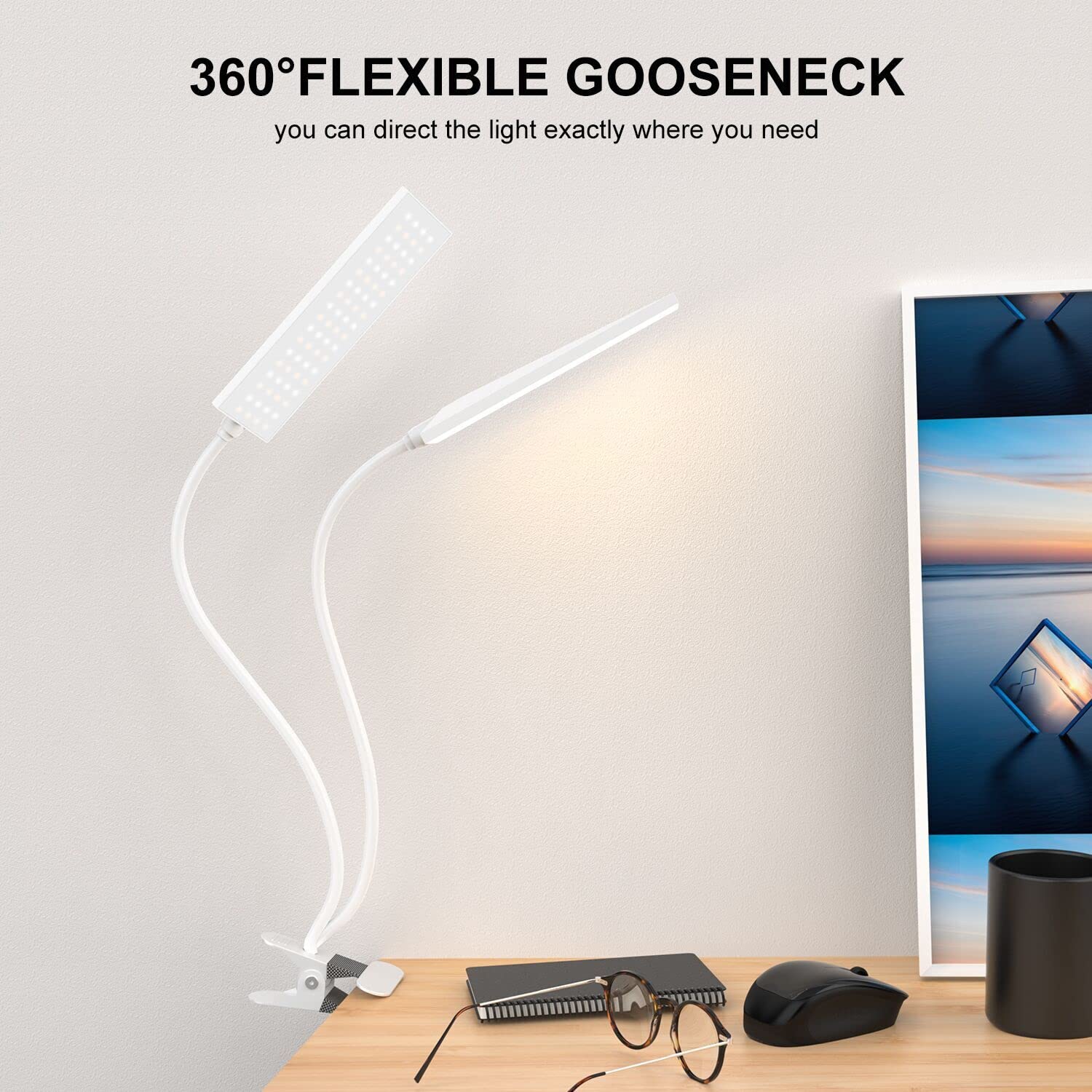 Vansuny LED Desk Lamp with Metal Clip, 11 Brightness Levels, 3 Color Modes, USB Powered, Flexible Gooseneck, White