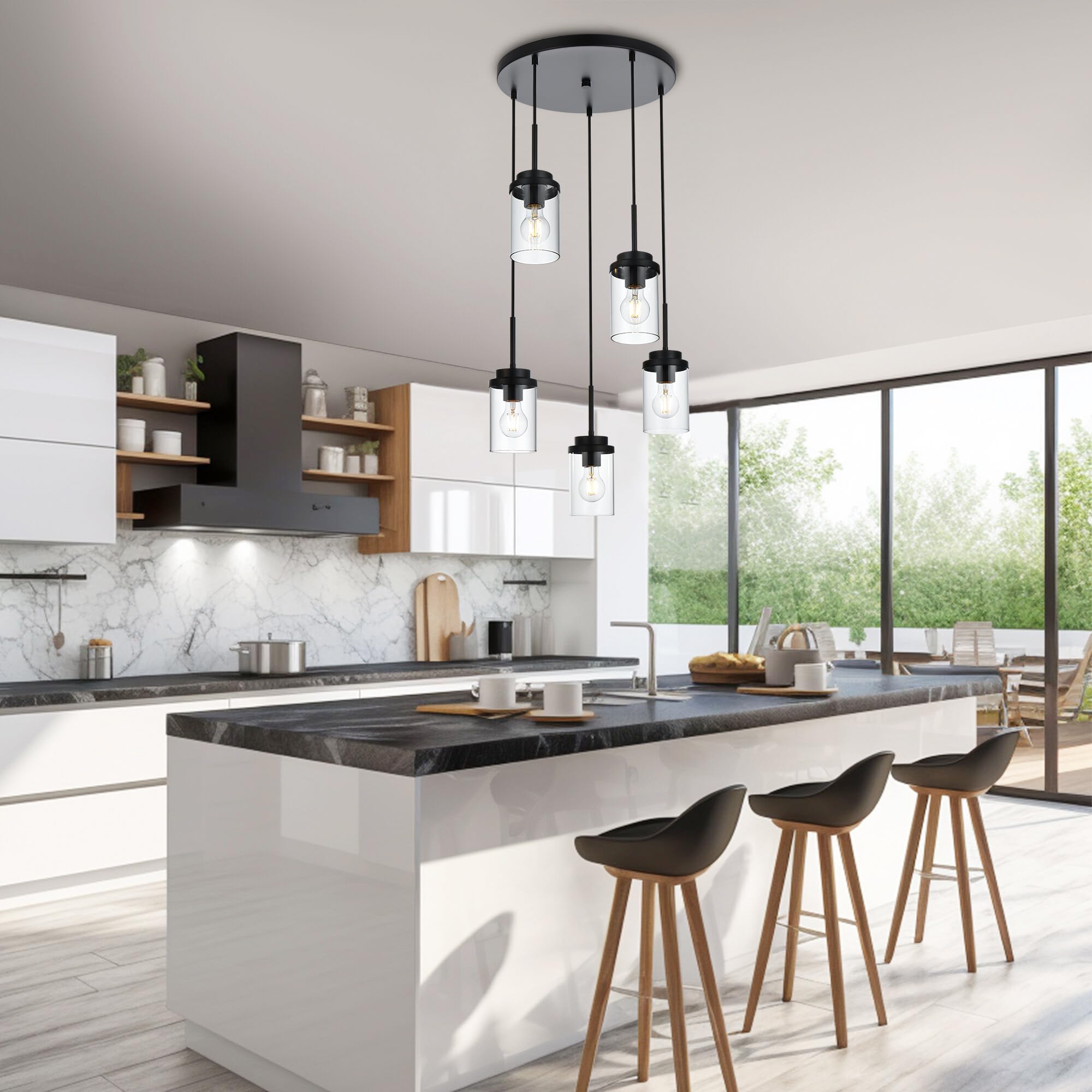MELUCEE 5-Light Pendant Light Fixture, Black Metal with Clear Glass Shade, Modern Chandelier for Kitchen Island, Model 4-4501-5RD-BL