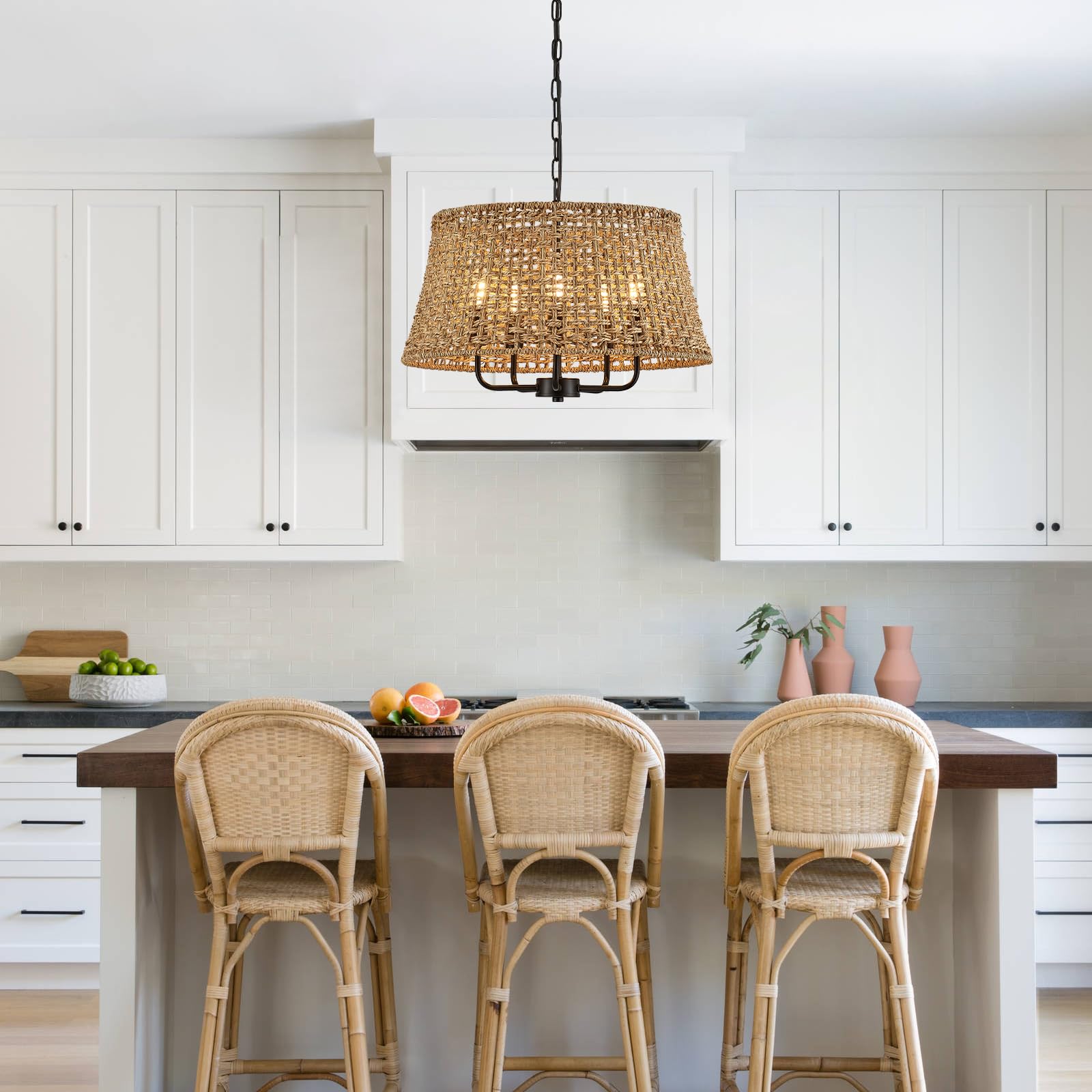 Yomecoo Hand-Woven Rattan Chandelier Vintage Farmhouse Boho Bamboo Light Fixture Mini Retro Drum Wicker Rattan Black Chandelier