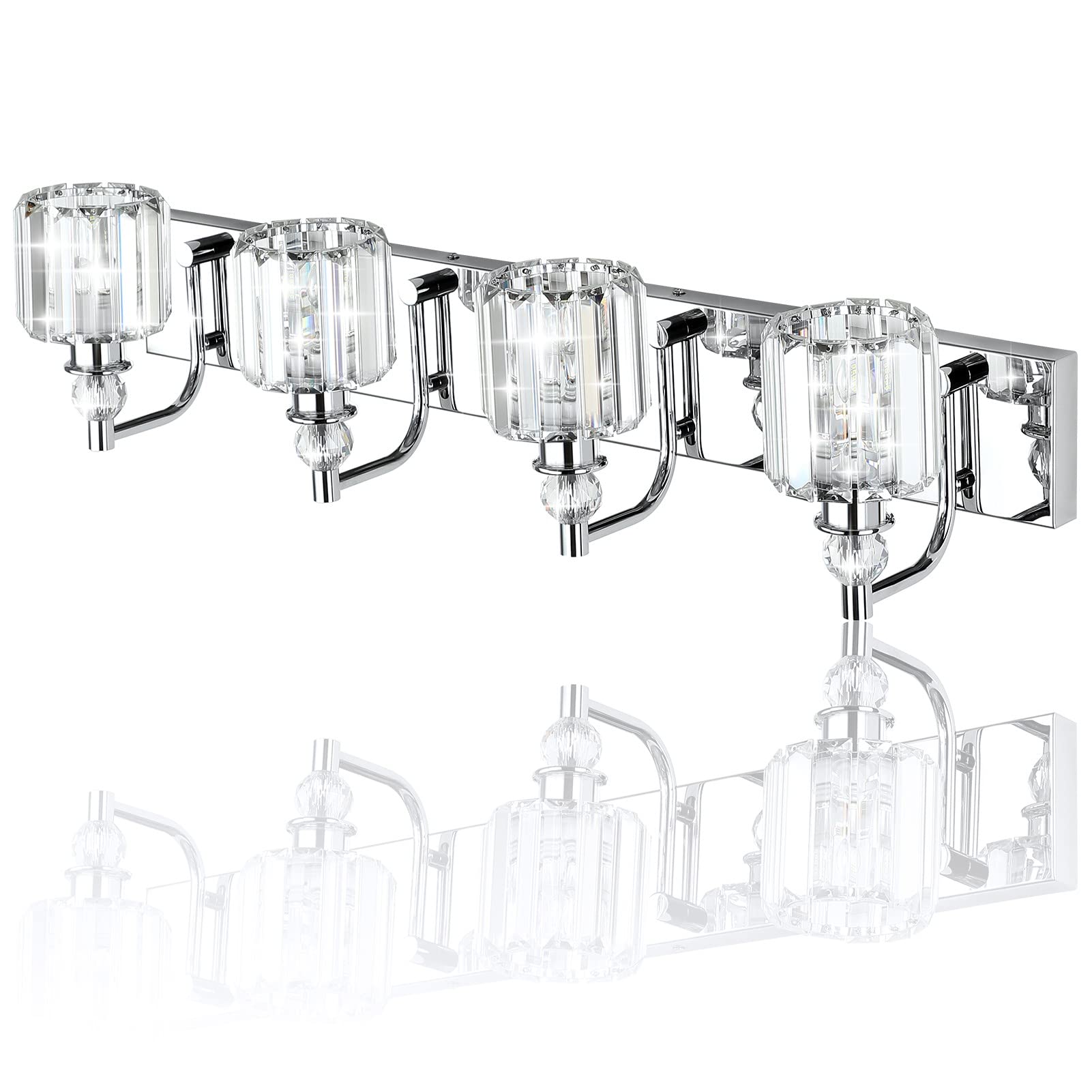 Ralbay Crystal Bathroom Vanity Light 4 Light Stainless Steel Chrome 32 inch Model 8605
