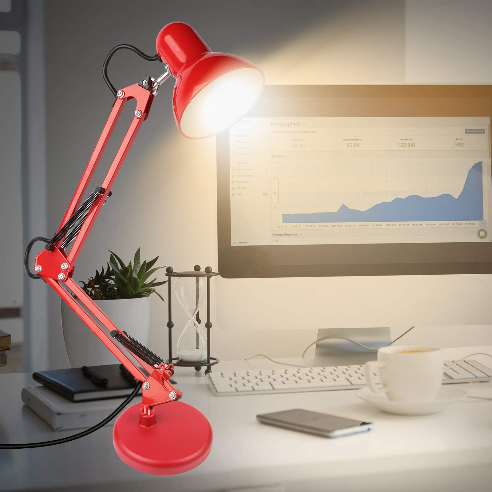 AmeriTop Adjustable Metal Desk Lamp - Goose Neck Swing Arm, Eye-Caring with Interchangeable Base or Clamp, Red