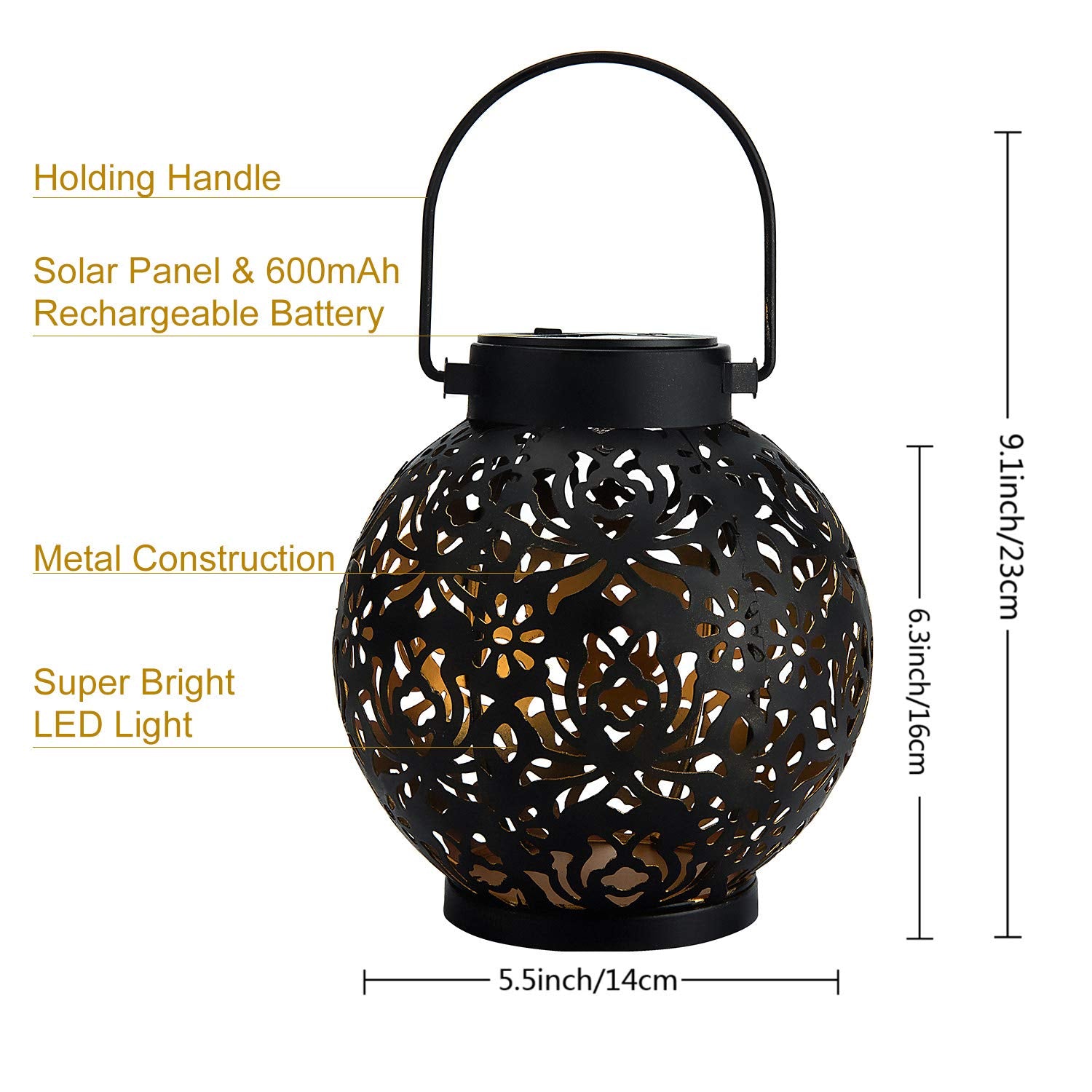 EXCMARK Solar Hanging Lantern Lights, Black, Metal, Floral Model, 9.1x5.5 inch, Decorative Christmas Light for Garden, Patio, Lawn