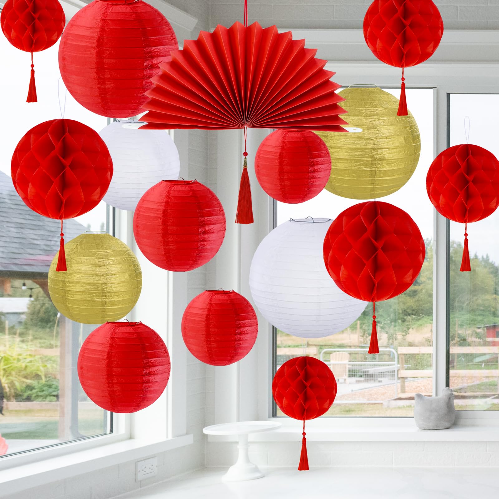 Winlyn 22 Pcs Chinese New Year Decorative Red Gold White Round Paper Lanterns Honeycomb Balls Paper Fans Oriental Hanging Party