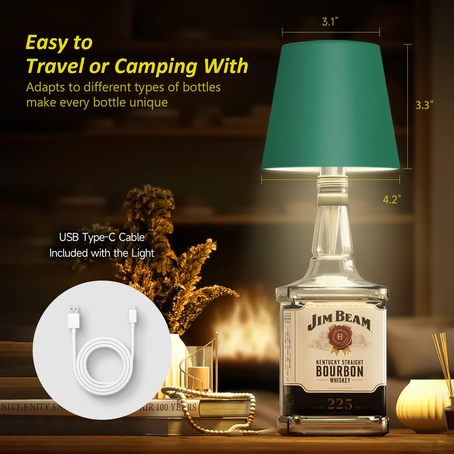 Hoide Wireless Bottle Lamp - LED Touch-Dimmable Night Light Kit, 5.7in, Dark Green, Plastic