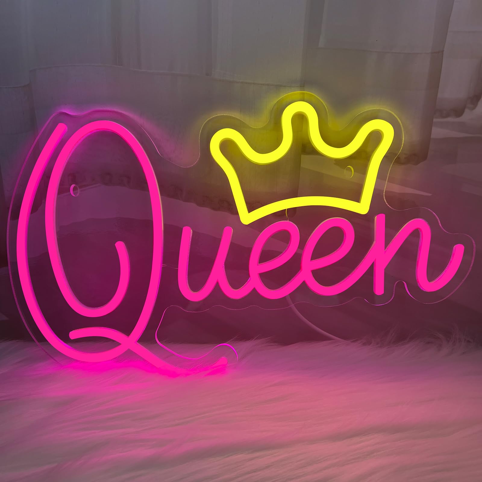 Queen Neon Signs Beautiful Pink Led Neon Lights Dimmable Led Light Sign For Girls Room Birthday Party Bedroom Lady Gifts Wali Decoration  Pink + Yellow