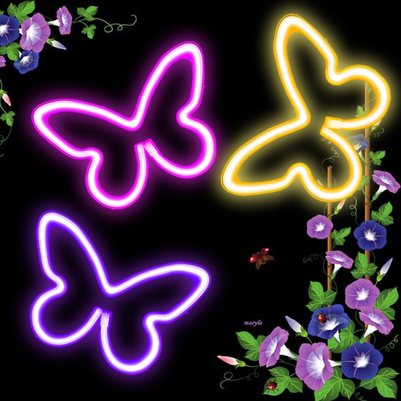 UrsaMajor 3 Pack Butterfly Neon Sign, USB/Battery Operated LED Light, 8.86x6.3 inches, Purple Pink Warm White, Model b-zfn-3