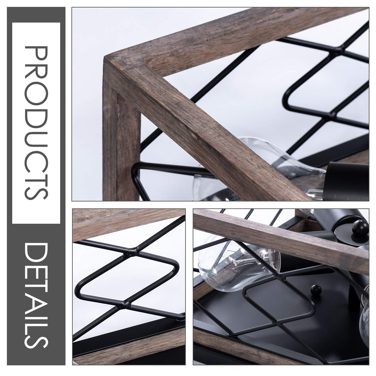 VILUXY Farmhouse Flush Mount Ceiling Light, 4 Lights, Metal, Rustic Design, Square, Pattern Wood Finish