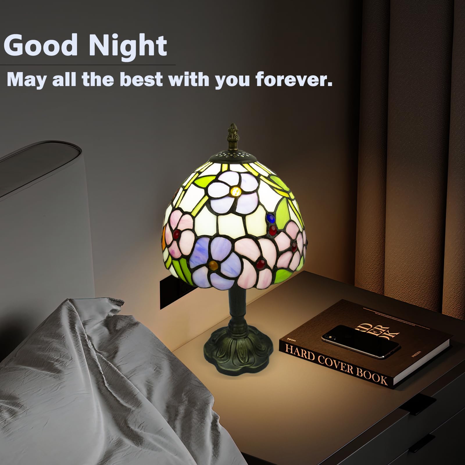 Crefotu Tiffany Style Table Lamp, 8 Inch Stained Glass, 3 Color Temperatures, Four-Leaf Flower Pattern, Model CFLP-0001
