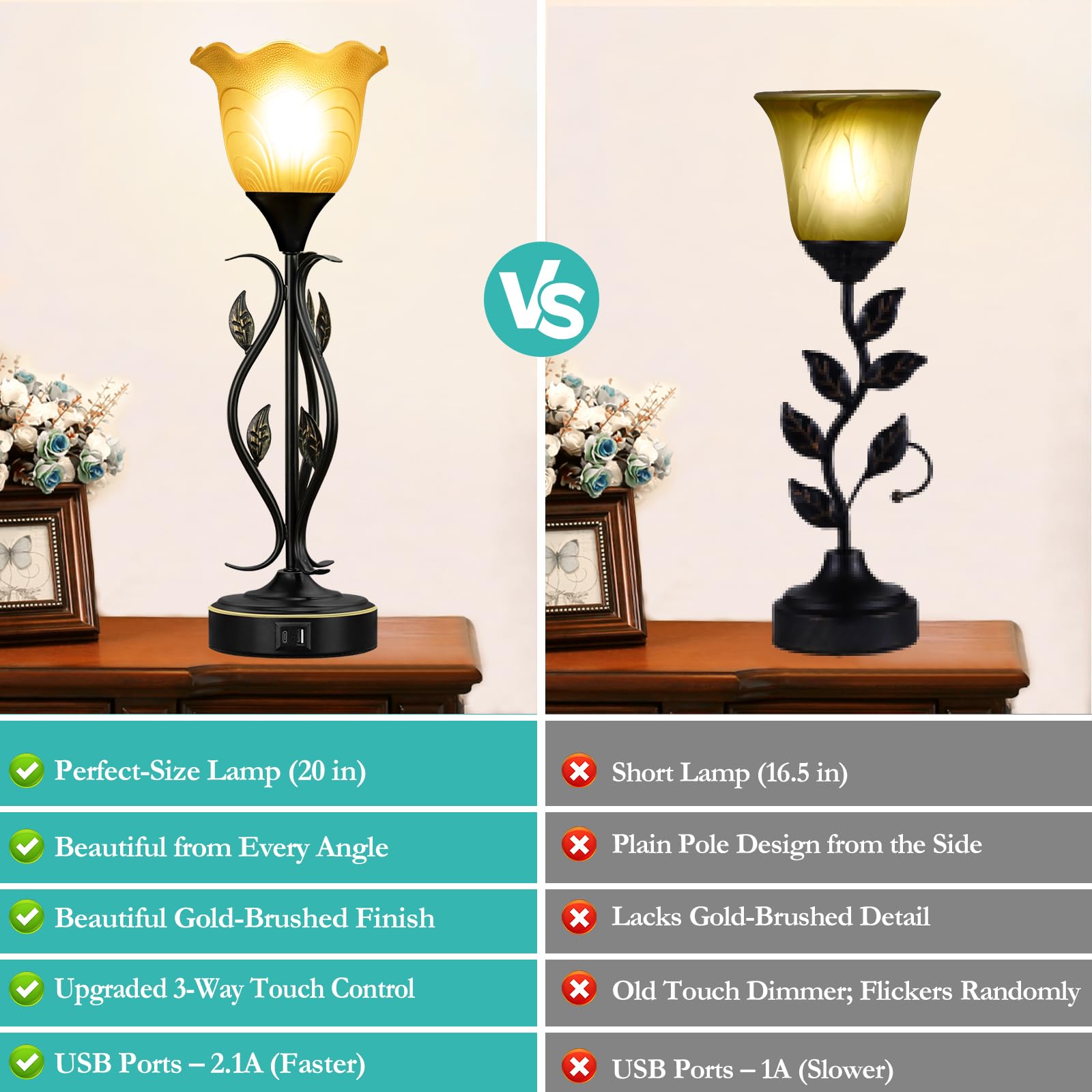 20'' Table Lamps For Living Room - Set Of 2 Touch Bedside Lamps With Usb C Ports, Leafy Vines Amber Flower Shade, Torchiere Desi