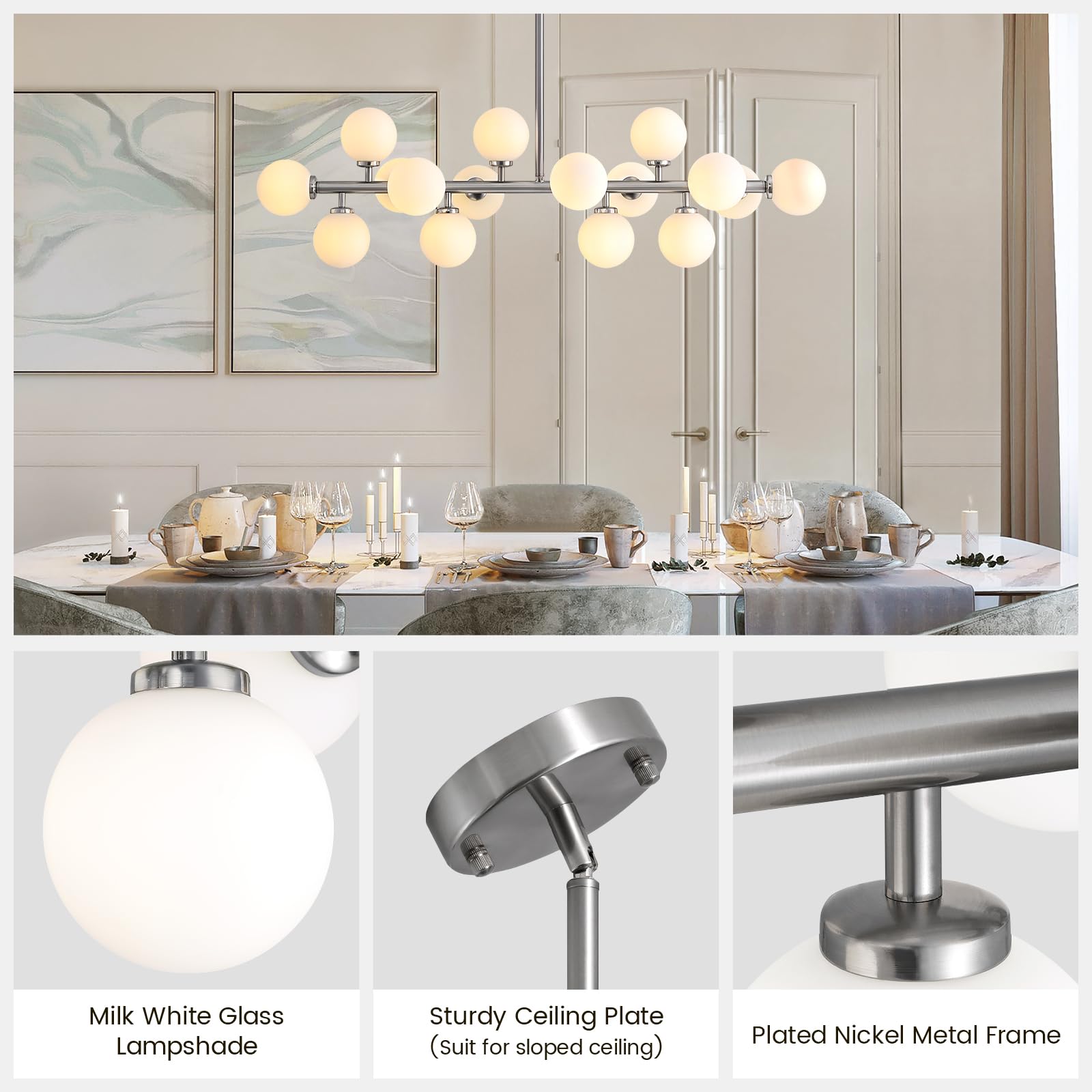 Apbeamlighting Glass Globe Sputnik Chandelier 16 Lights Linear Chandelier Brushed Nickel And Milky White Mid Century Modern Pend