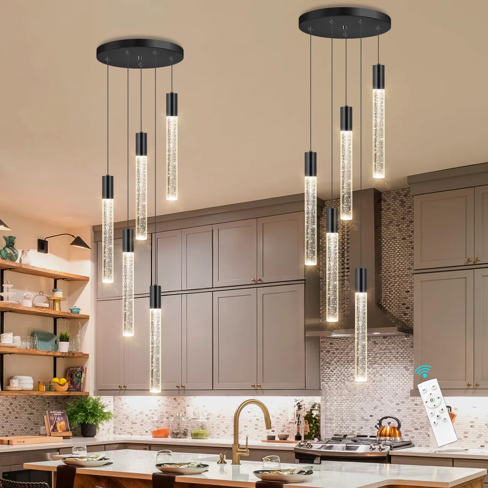 HAIXIANG 5-Lights Chandelier, Modern Crystal Pendant Lighting, Remote Dimmable, Matte Black, Model MMQ3810