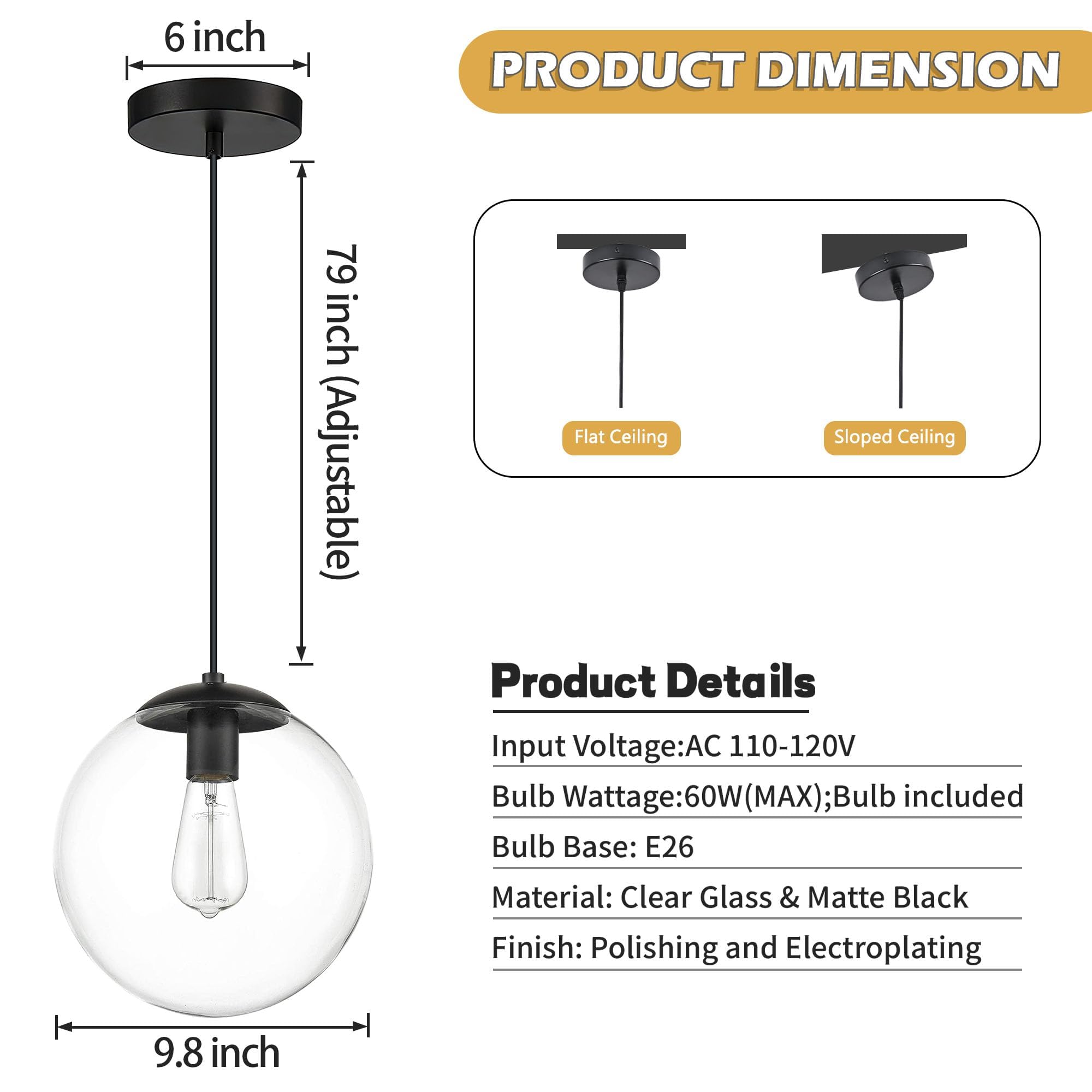 Koko&Yukina 10&quot; Black Globe Pendant Light, Adjustable Mid Century Fixture With Clear Glass Shade