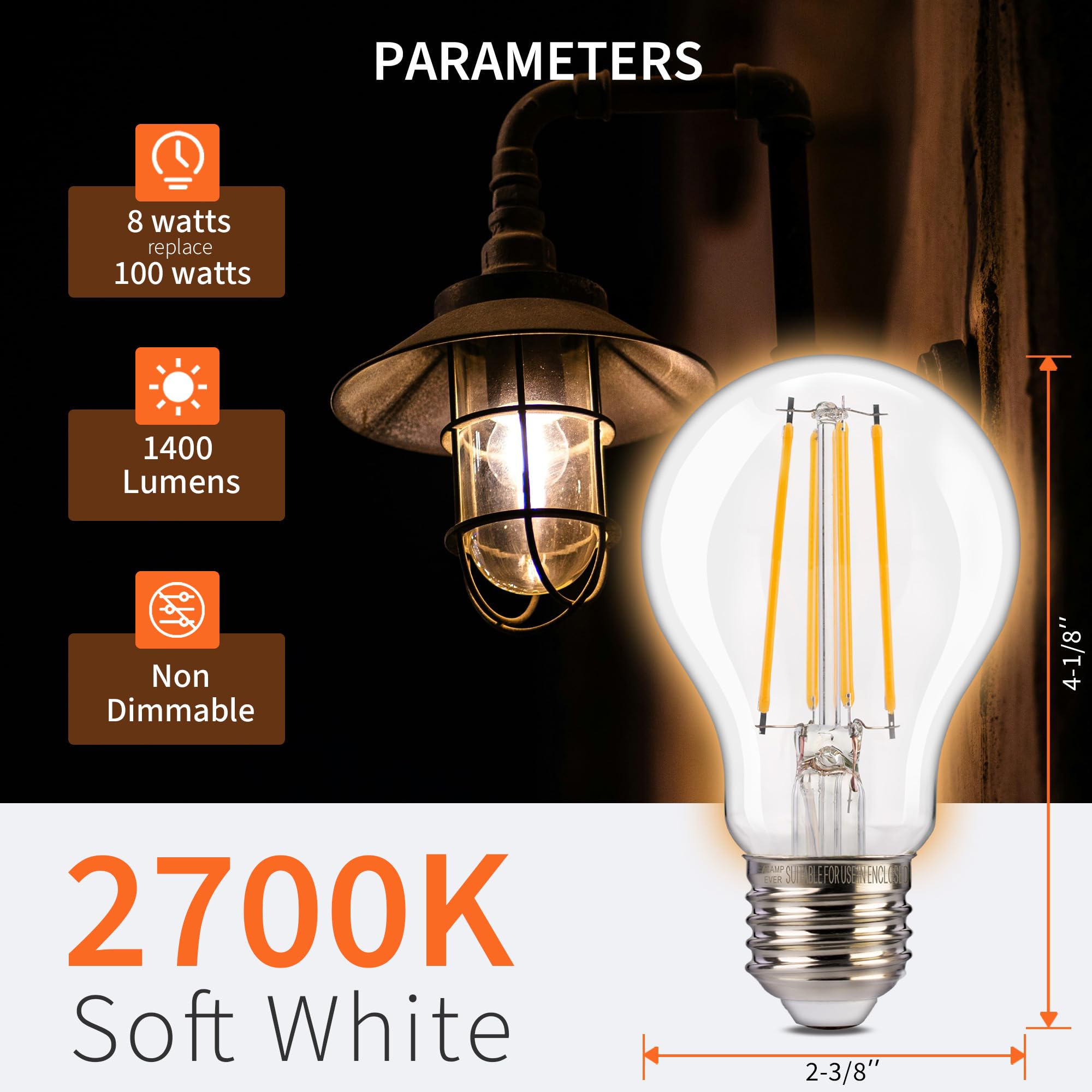 ALAMPEVER A19 LED Outdoor Light Bulb, 1400LM, 8W, 2700K Soft White, 4-Pack, E26 Base, Non-Dimmable,