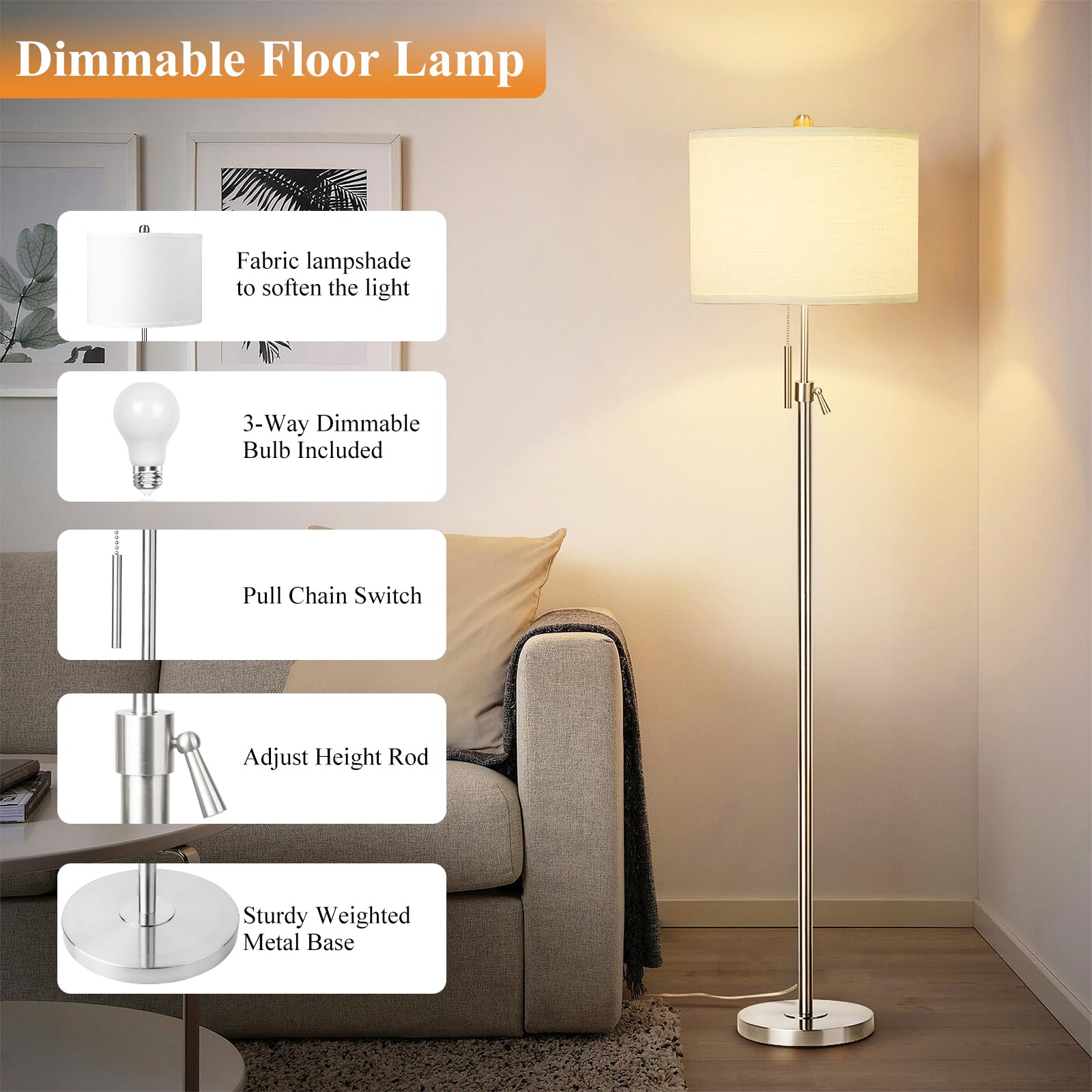 Brushed Nickel Floor Lamp For Living Room, Adjustable Height Standing Lamp With Metal Base, 3-Way Dimmable Tall Pole Light With