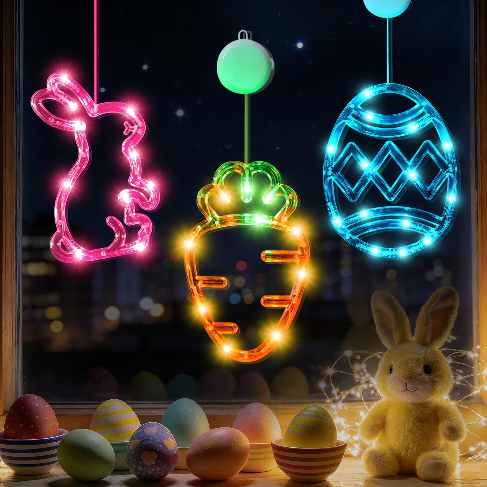 LYUBASA 3Pack Easter Window Lights Decorations with Timer, Battery Powered Hanging Pink Orange Green Blue Lighted Bunny Carrot E