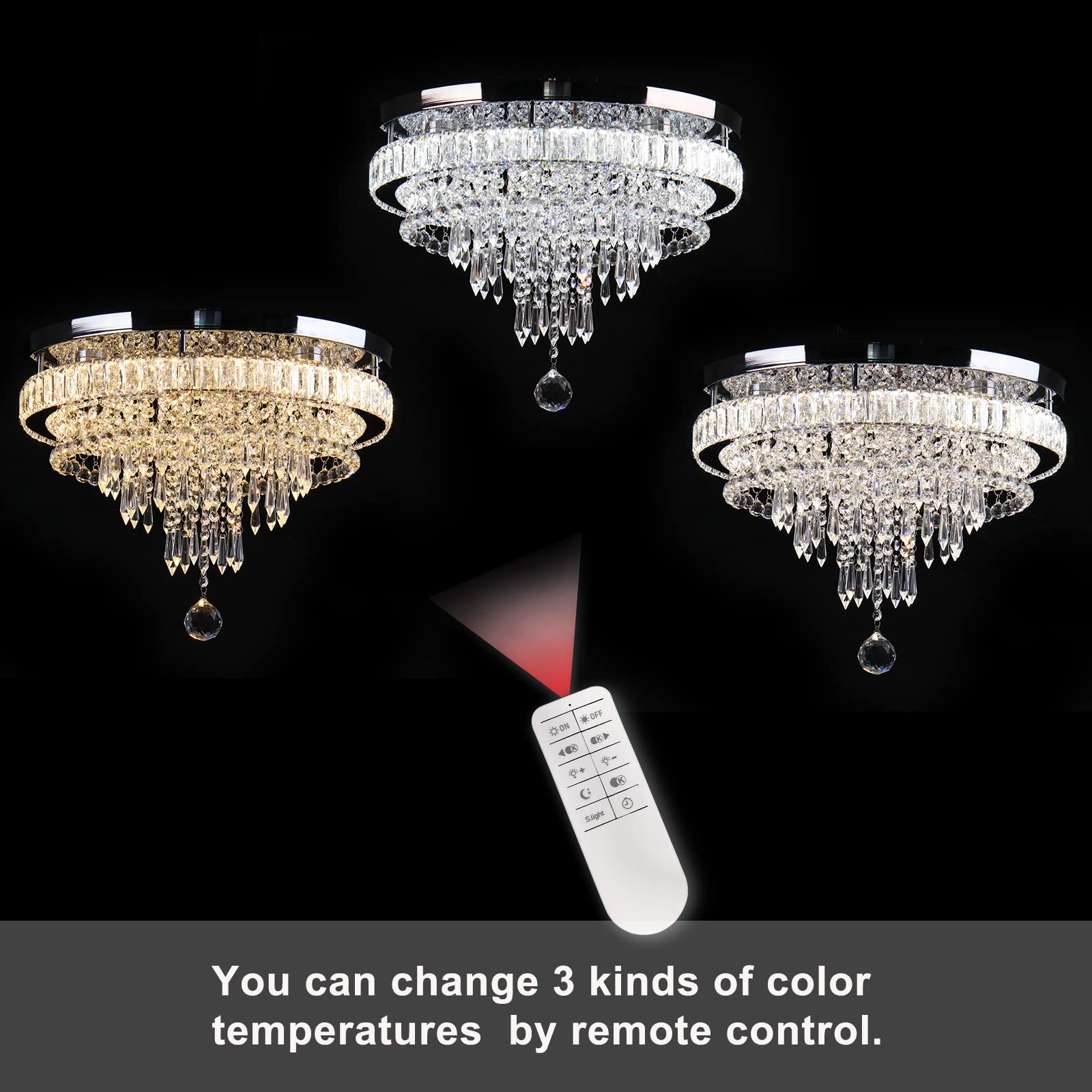 FRIXCHUR Modern Crystal Chandelier, 19.7" Dimmable LED Ceiling Light, Stainless Steel, Remote Control for Bedroom & Living Room, Model MC096