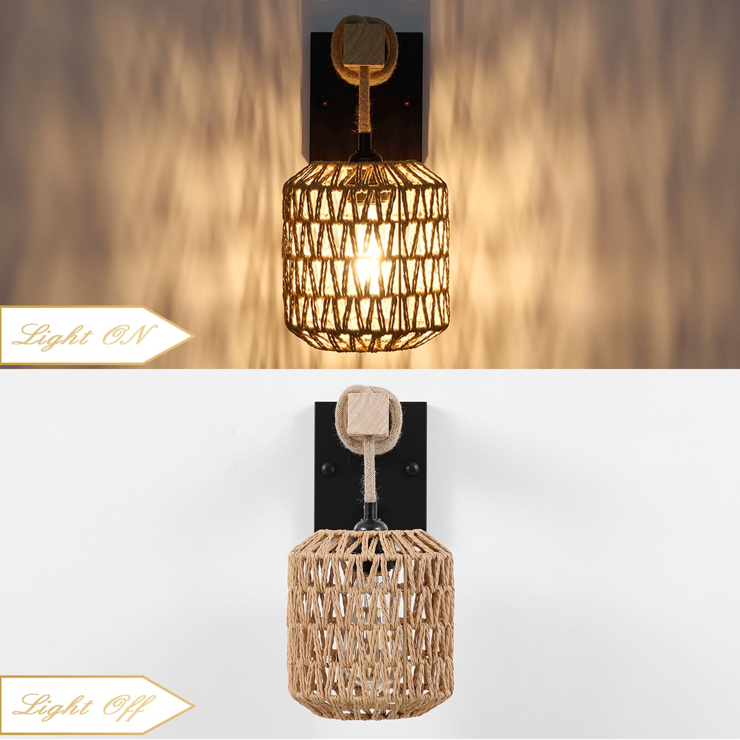 Neechicx Rattan Wall Sconces Set of Two, Hardwired Farmhouse Lamps, Dimmable Switch, Rustic Light Fixtures, 2 Pack