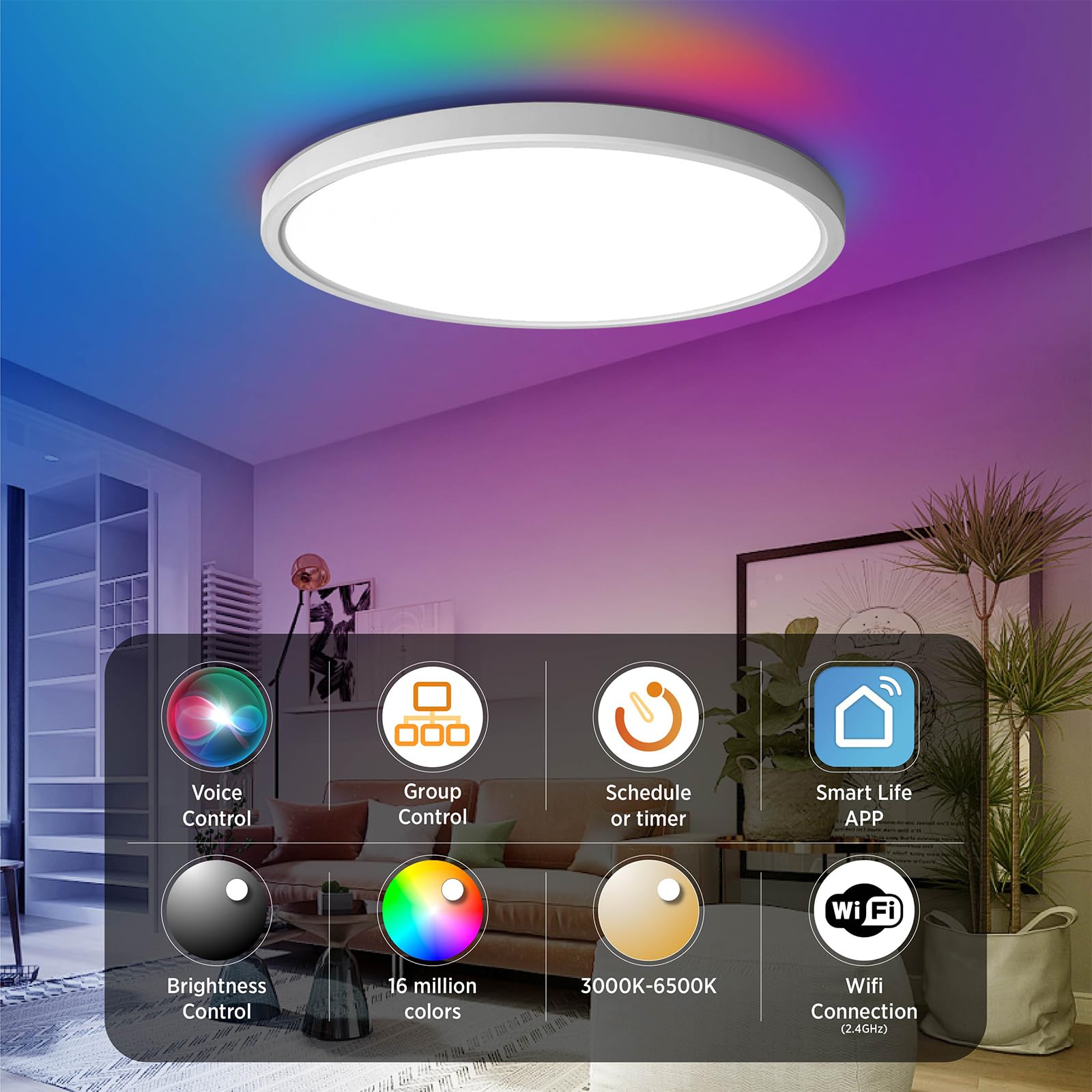 TALOYA Smart Ceiling Light Flush Mount LED, Dimmable, 12 Inch, RGB, White, Model WB3S