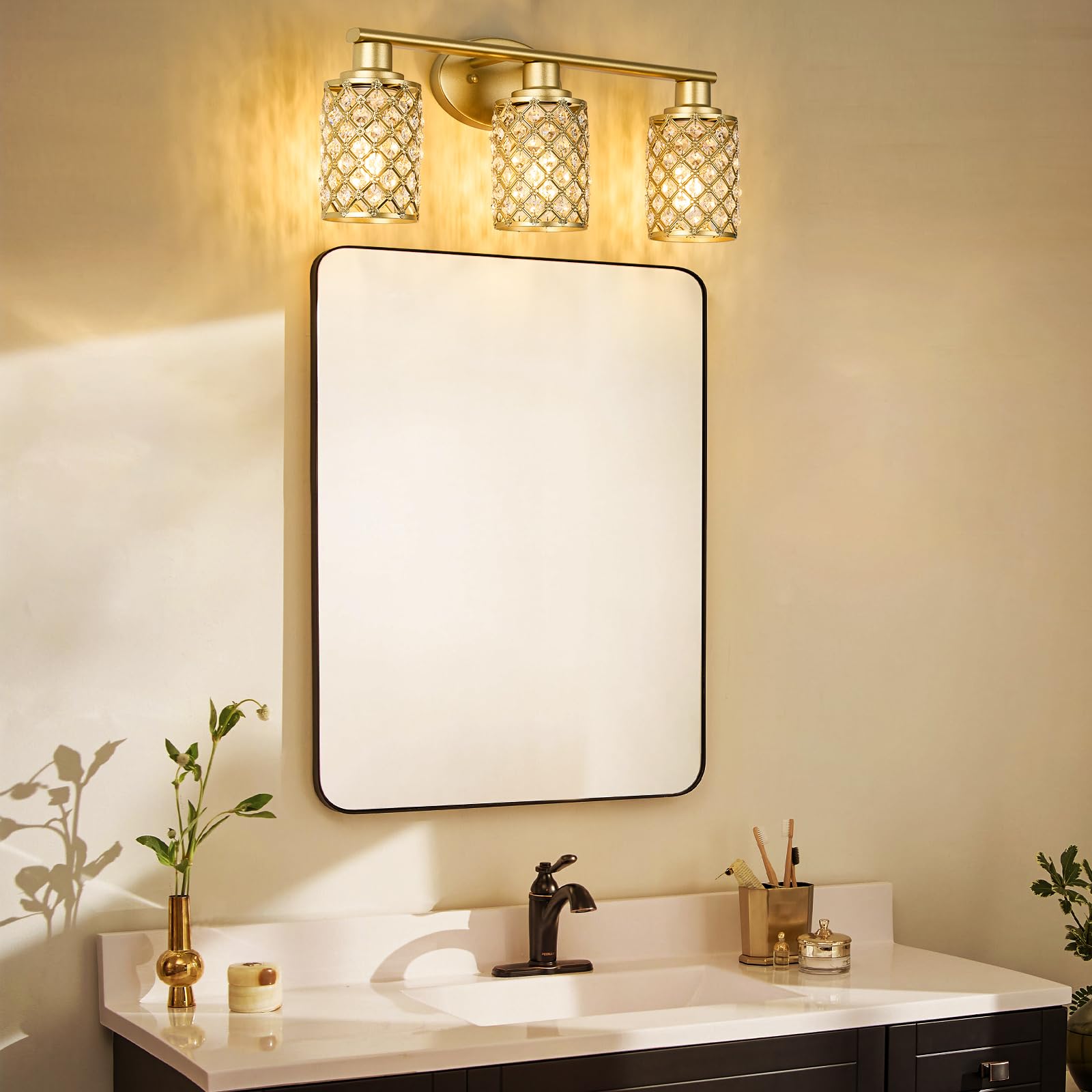 Niloah 3 Light Gold Vanity Light Fixtures, Modern Farmhouse Vanity Light, Bathroom Lights Over Mirror,Crystal Vanity Lighting Fixtures For Bathroom,Powder Room