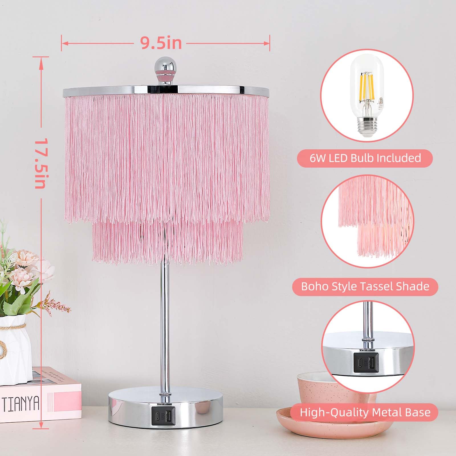 Pink Lamp For Girls Room, 3-Way Dimmable Touch Lamps With Usb Port, Girls Lamp With Tassel Lampshade, Pink Table Lamp For Bedroo