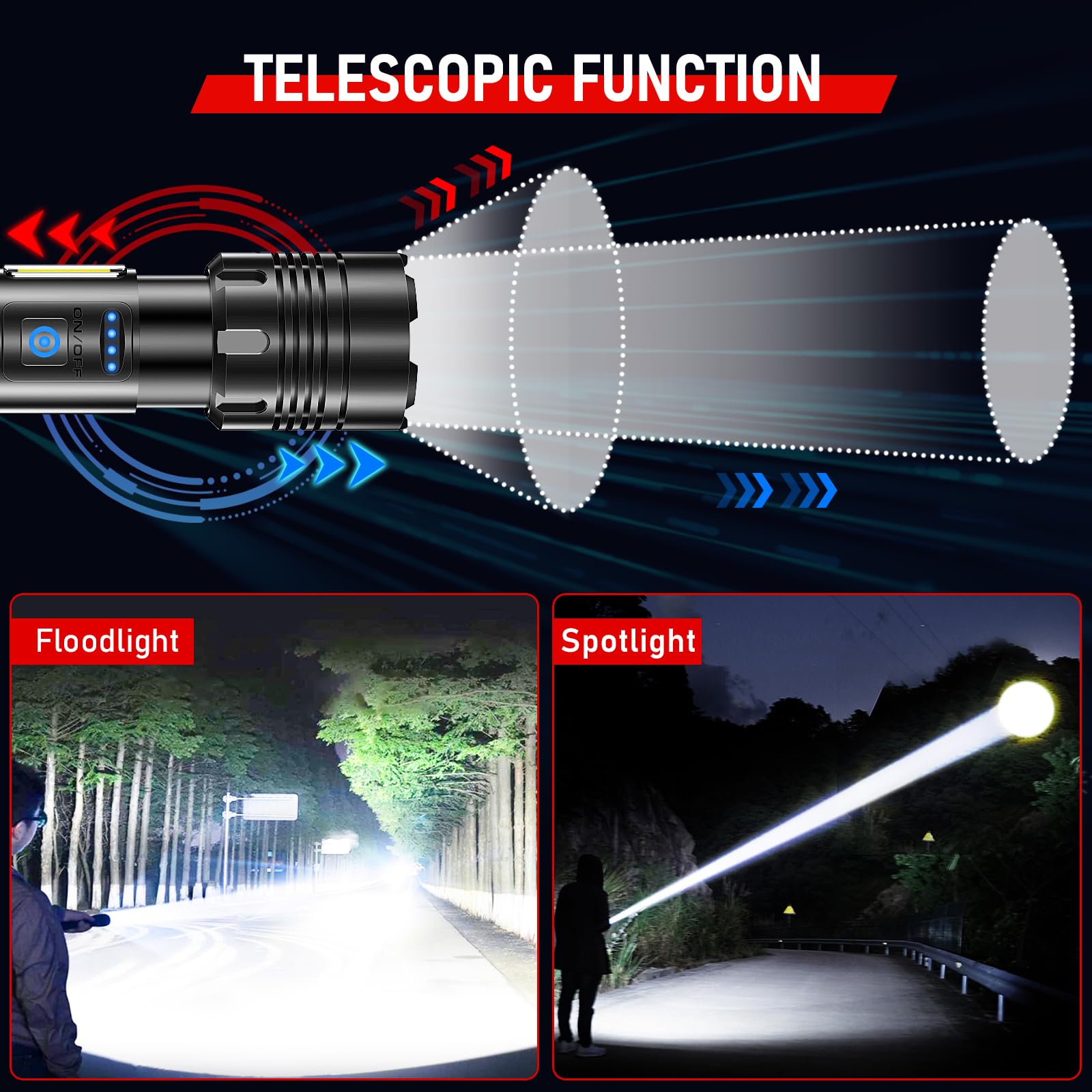 Shadowhawk Rechargeable Flashlight 2000LM, 30W LED, 7 Modes, Charcoal Black, Model YH-BX-S1670
