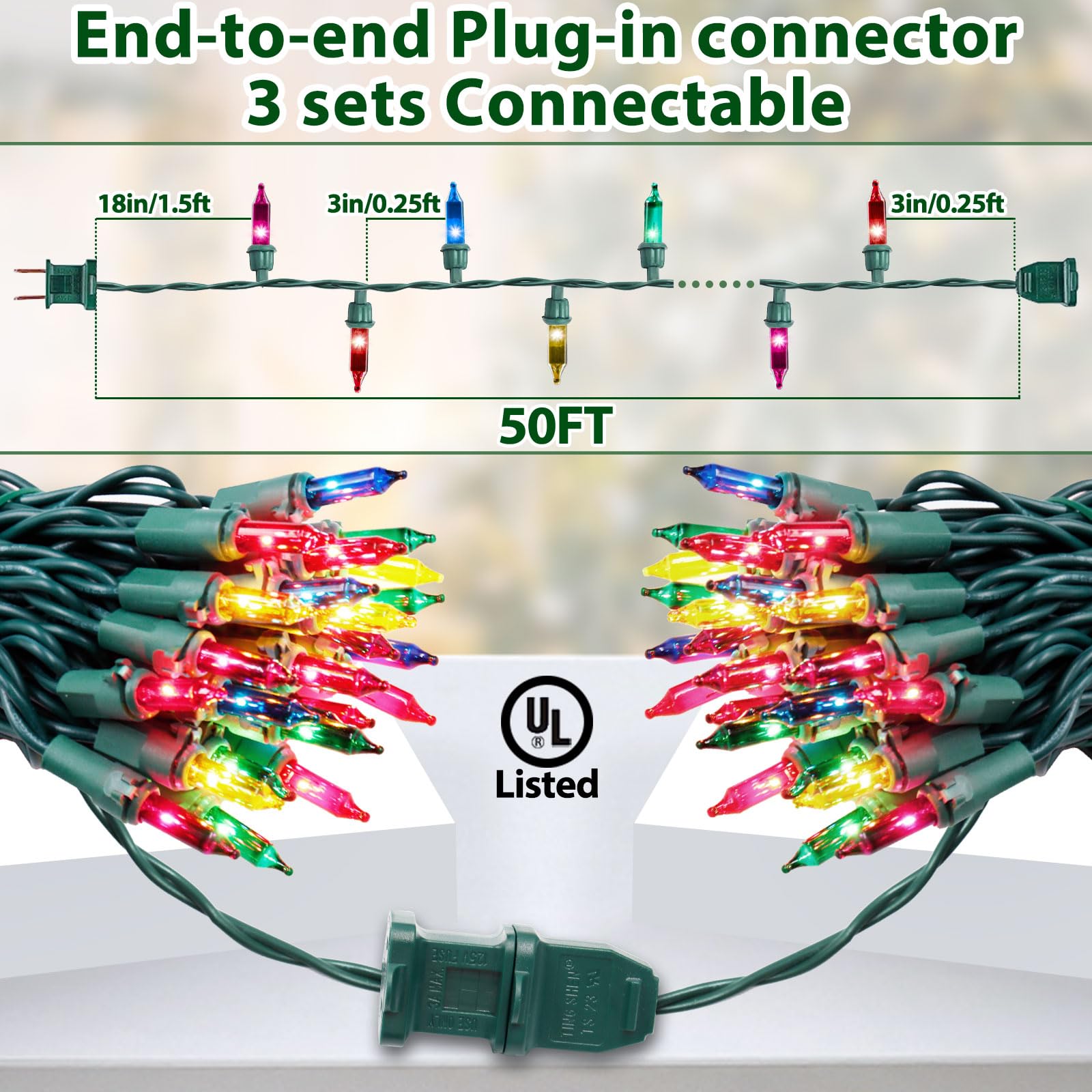 Multicolor Christmas Lights String 50Ft 200 Count Incandescent Bulbs Mini Lights With Green Wire For Christmas Tree, Garland, We