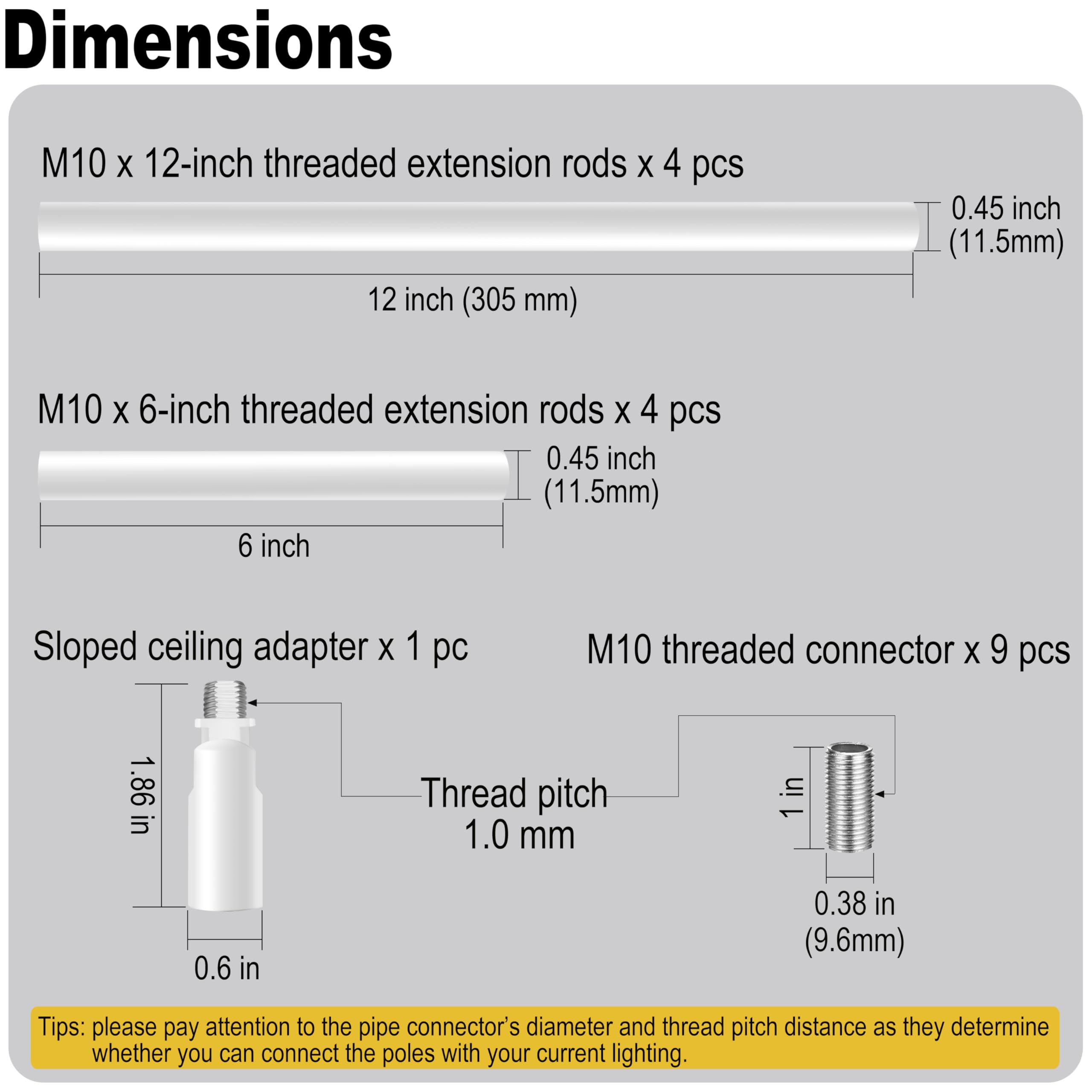 8 Pieces M10 Threaded Extension Poles Lighting Fixture Downrods Stems & 180 Degrees Sloped Ceiling Adapter Kits For Pendant Light  Island Lighting  Chandeliers (White)