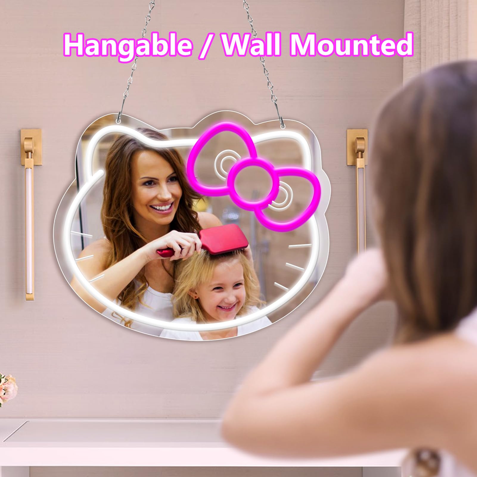 YASIZESOU Hello Kit Vanity Mirror with Neon Sign, 14inx11.8in, Pink Bow, Adjustable Brightness, USB Powered, Model HKDP02