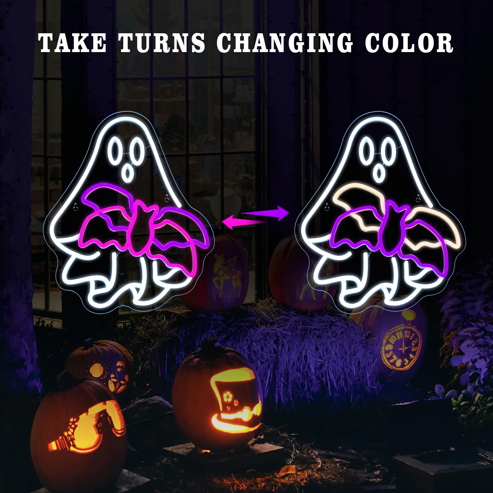 WLHOPE Ghost Bat Neon Sign - Dimmable LED Wall Decor for Halloween, Bar, Party - 12.6x15.74in, USB Powered
