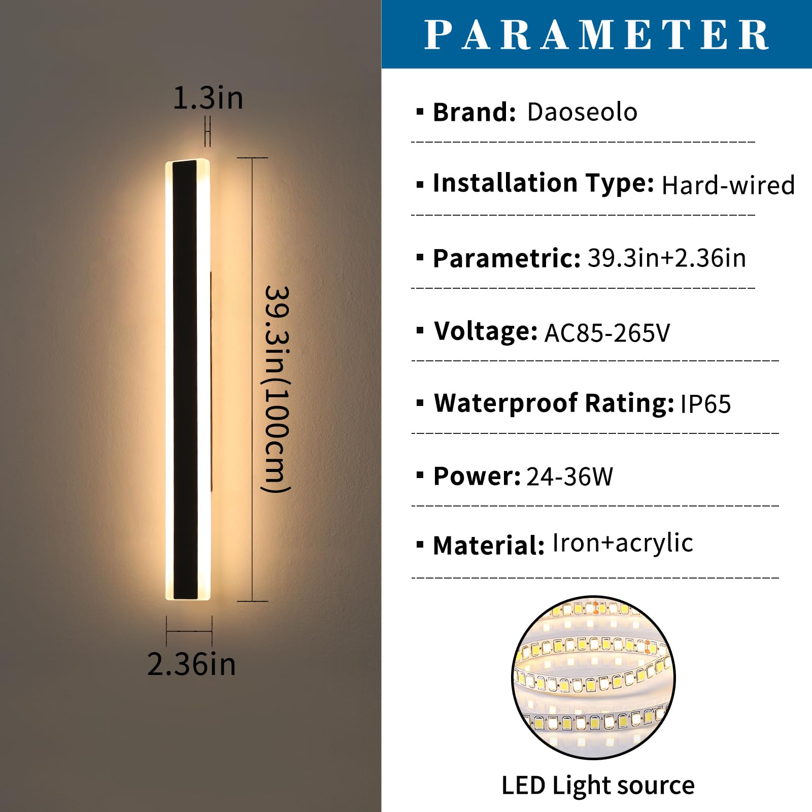 Daoseolo 2 Pack Outdoor Wall Light Fixture, 39.3Inch Black Aluminium Modern Wall Sconce, Ip65 Waterproof Dimmable 3000K-6000K With Remote Control, Wall Mount Lighting For Porch, Patio, Yard, Garage