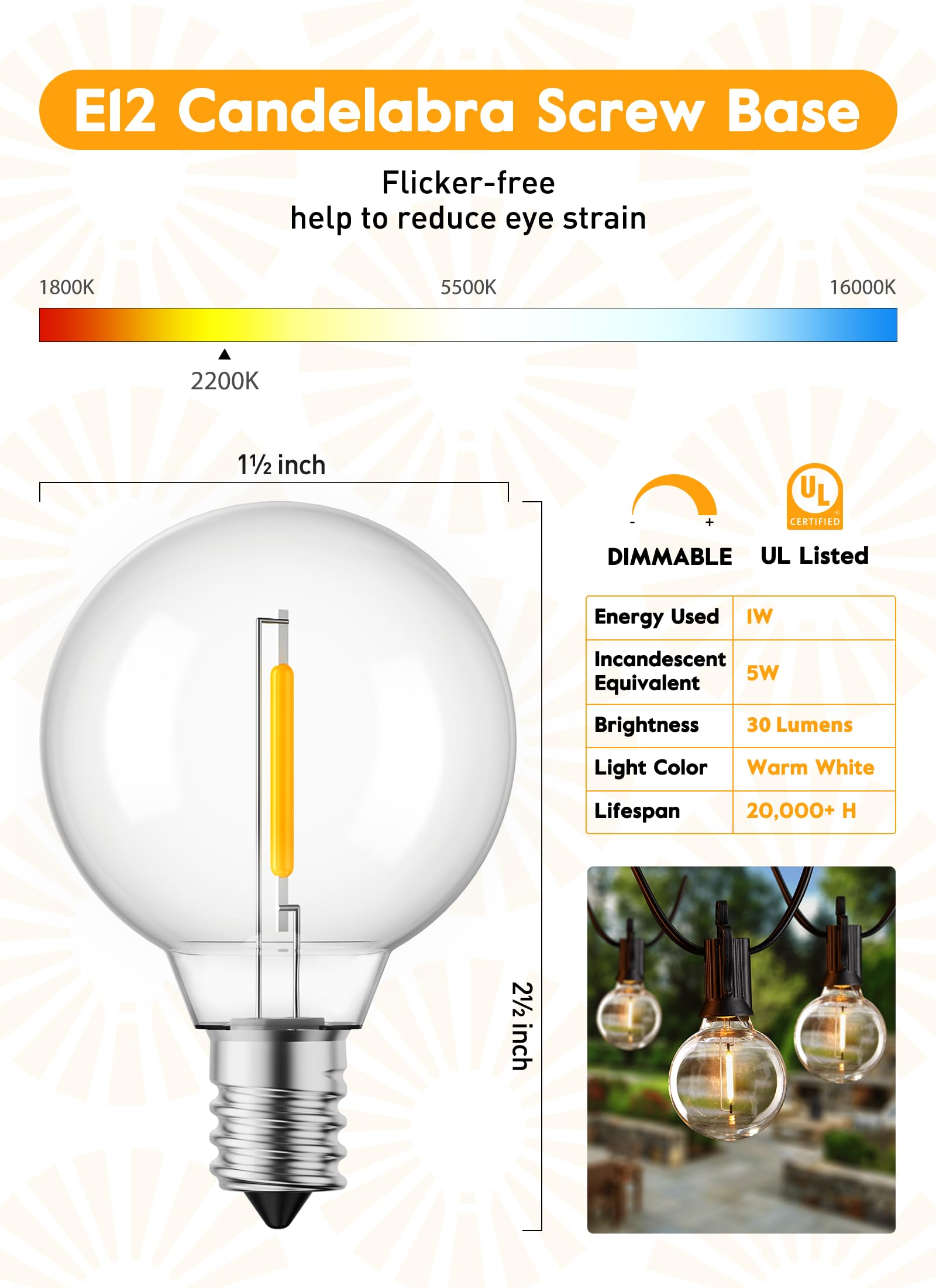 Brightown G40 LED Bulbs, Dimmable Shatterproof Plastic, 50 Pack, Warm White, E12/C7 Base