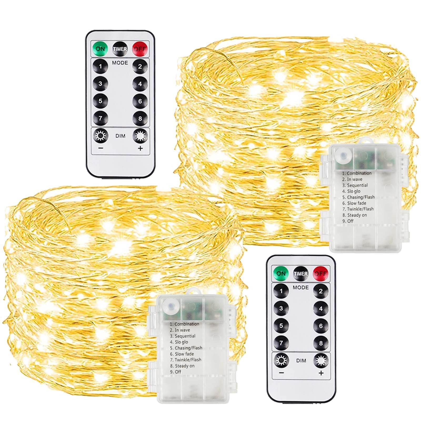 2 Pack Each 33Ft 100LED Battery Operated Fairy Lights with Remote  Waterproof Battery Christmas Twinkle Lights with Timer  String Light for Bedroom Christmas Decorations (Warm White)