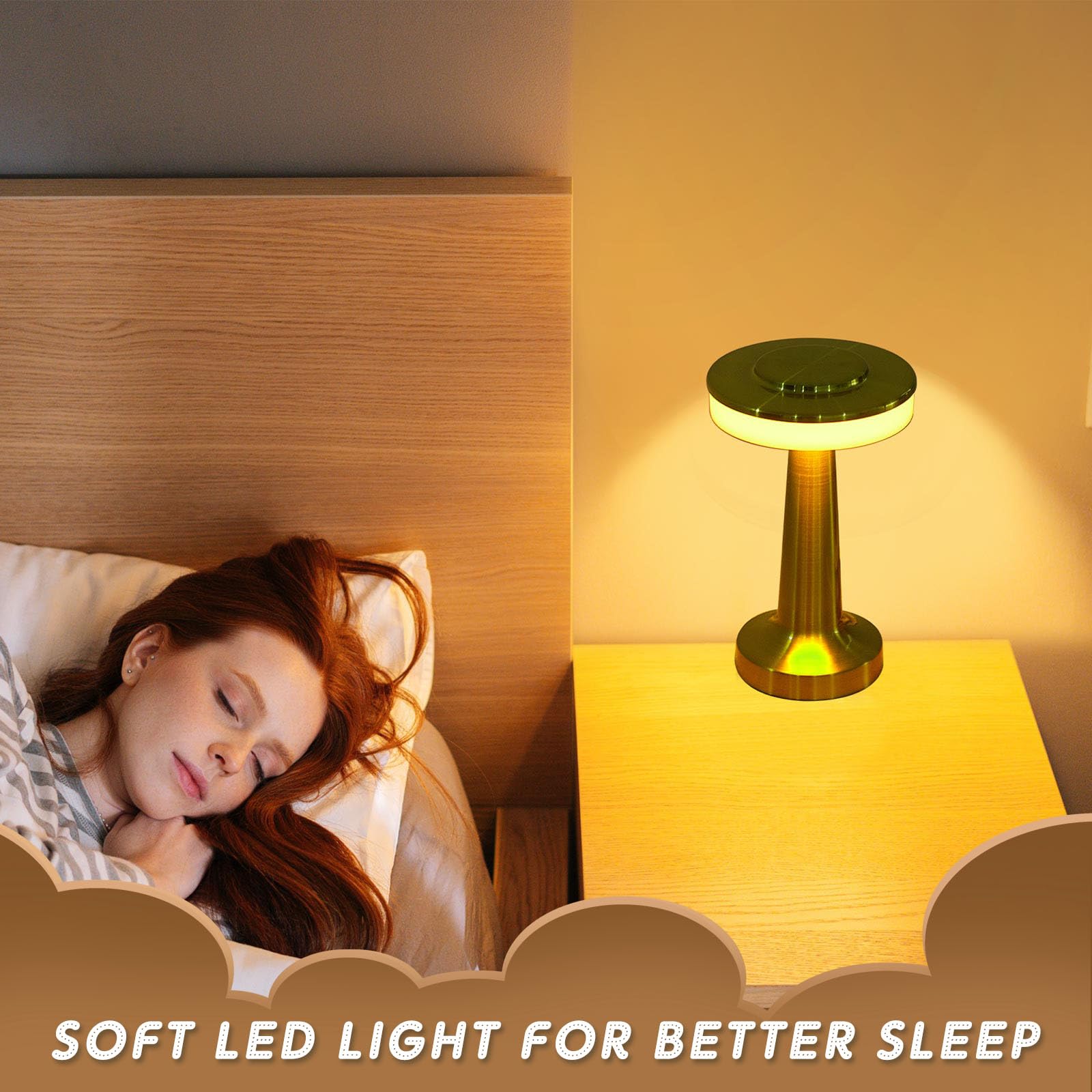 Riakrum LED Portable Metal Table Lamp, Touch Sensor, 3 Color Dimming, Rechargeable, Cordless, Gold