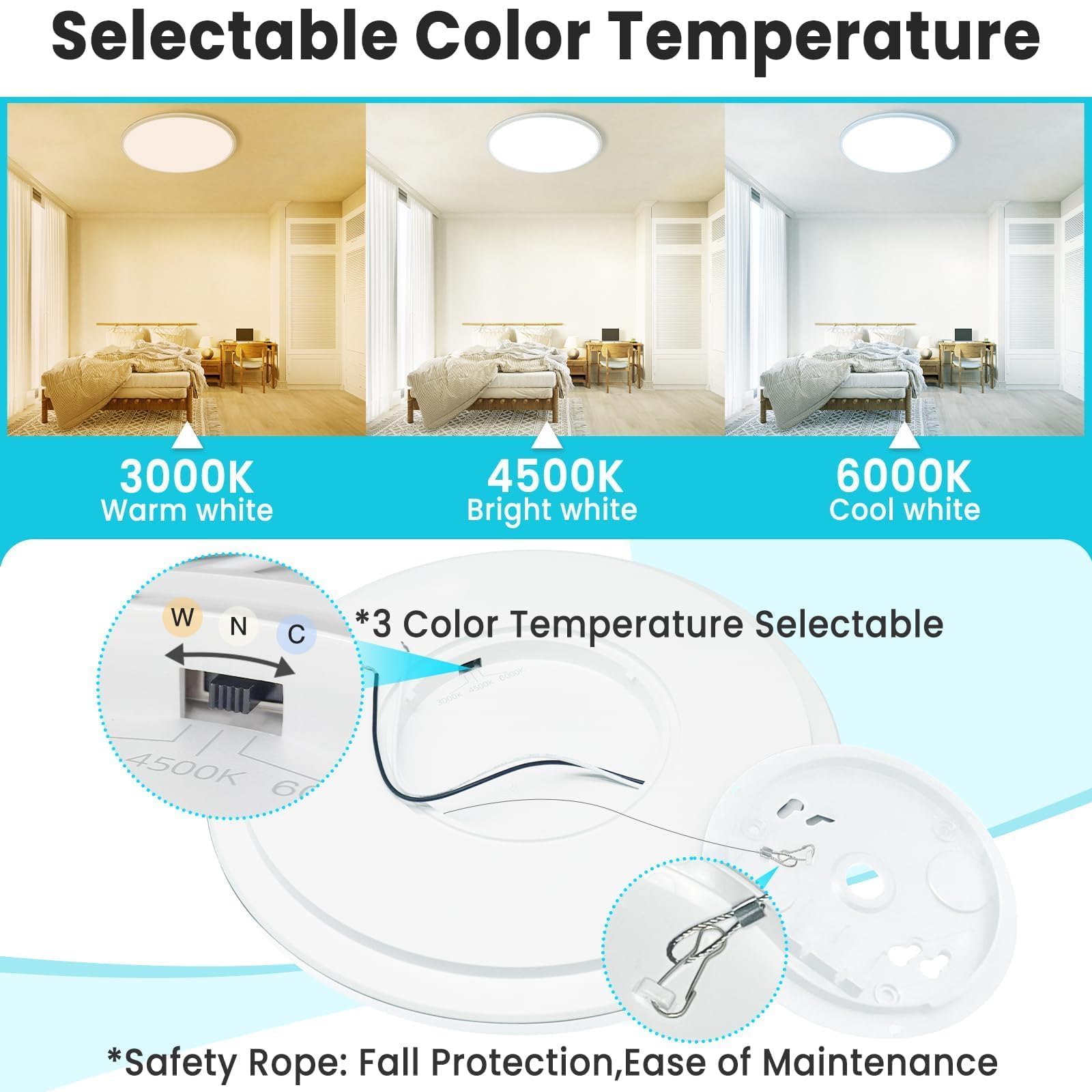 Libtit 16.5 Inch Led Ceiling Light, 3Pack 4200Lm 36W Large & Bright Flush Mount Lighting Fixture, 3000K/4500K/6000K White Round