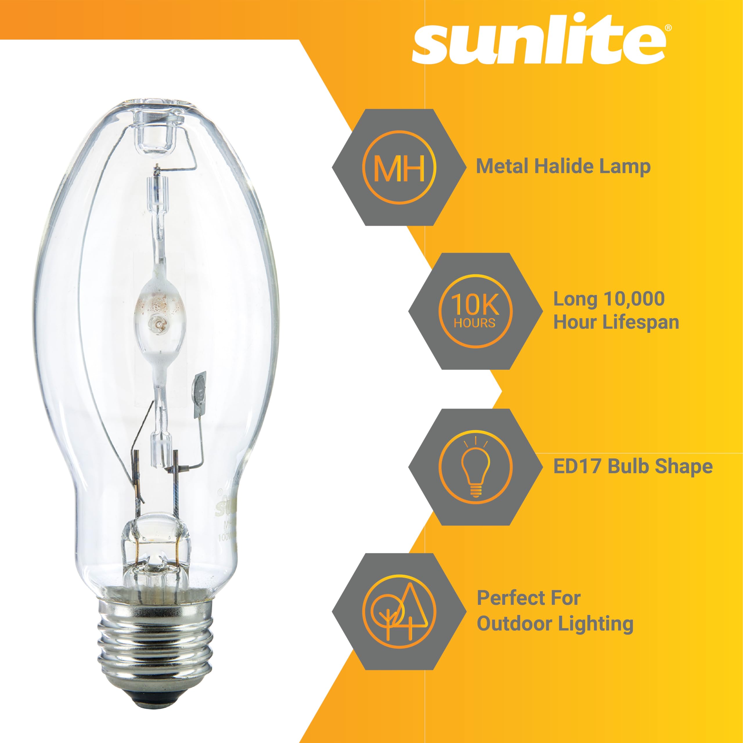 Sunlite 03645-Su Mh100/U/Med M90 Metal Halide Lamp, 100 Watts, Pulse Start, Medium Base (E26), Ed17, 12,000 Hours Life, 9000 Lum