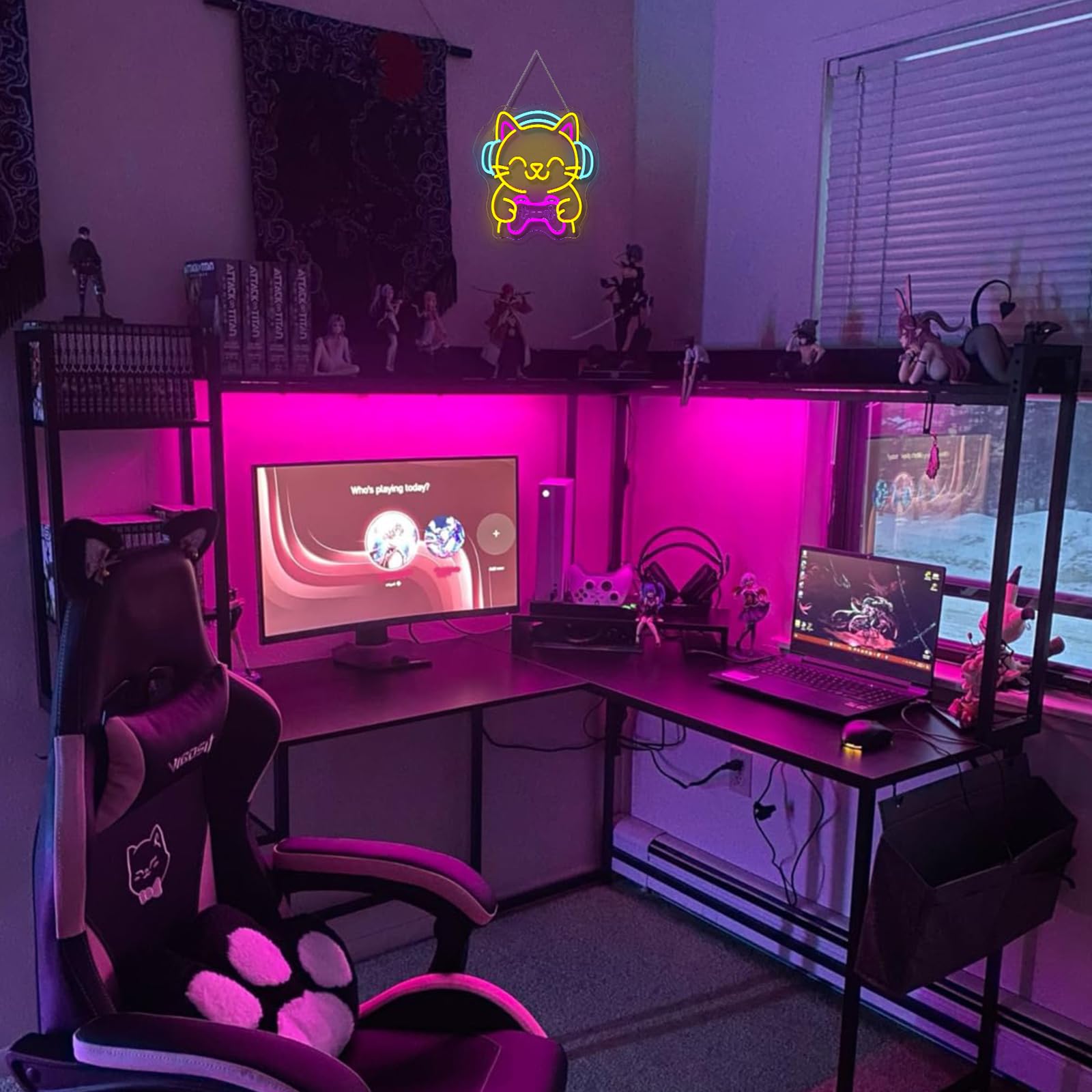 Ineonlife Game Cat Neon Sign For Wall Decor Light Up Cute Animal Led Signs For Game Room Acrylic Art Decor For Home Bar Bedroom